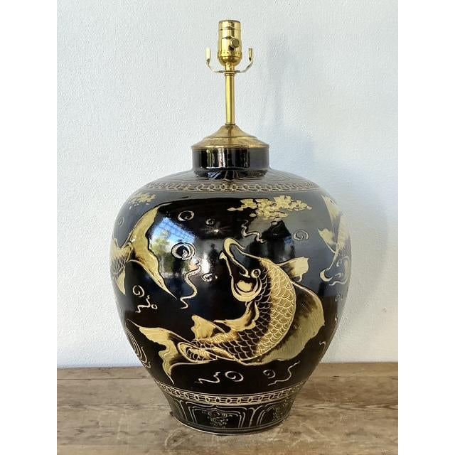 Vintage Boho Glazed Ceramic Koi Lamp - Side view