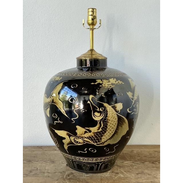 Vintage Boho Glazed Ceramic Koi Lamp - Detail view