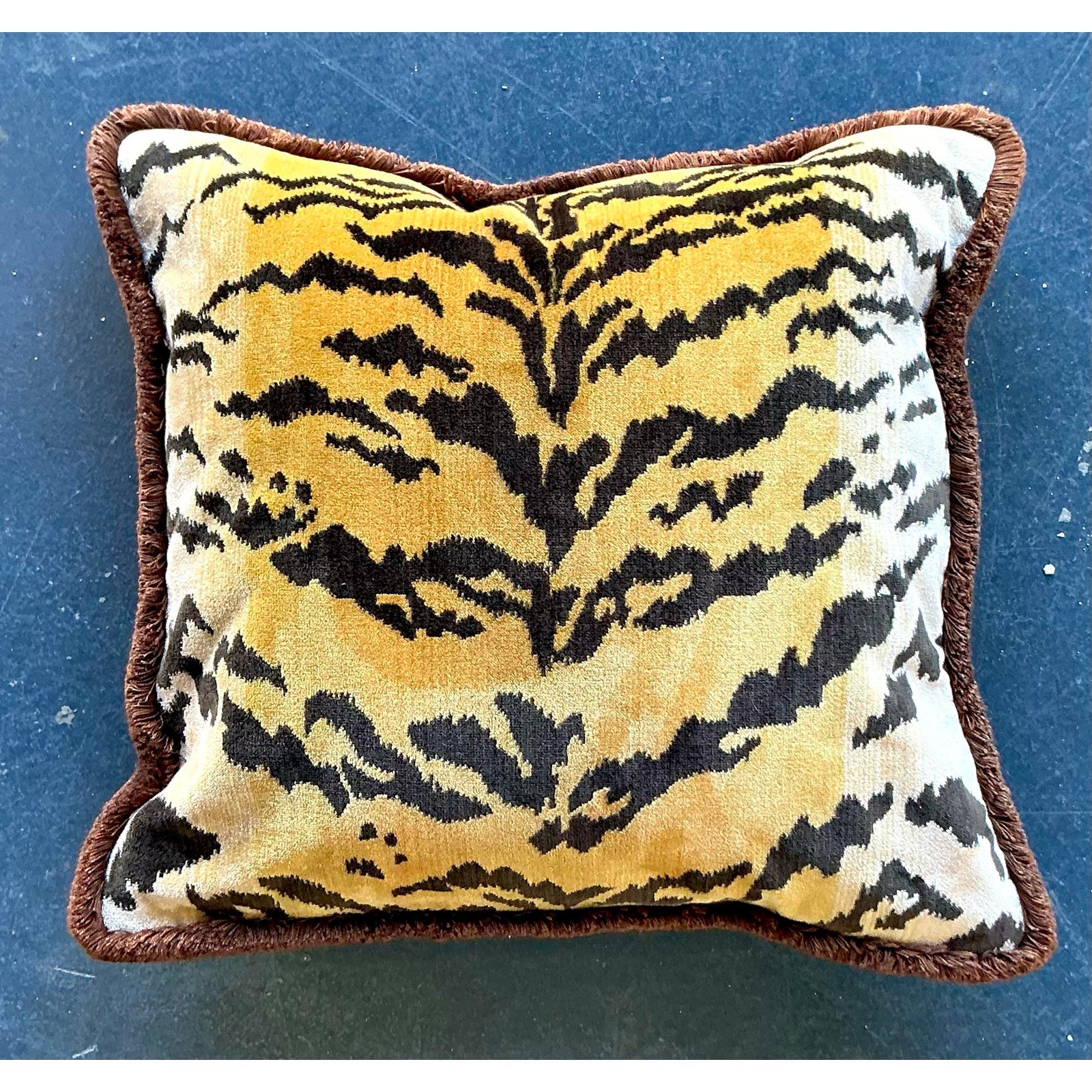 Vintage Regency Scalamandre “Le Tigre” Velvet Throw Pillow With Caterpillar Fringe - Detail view