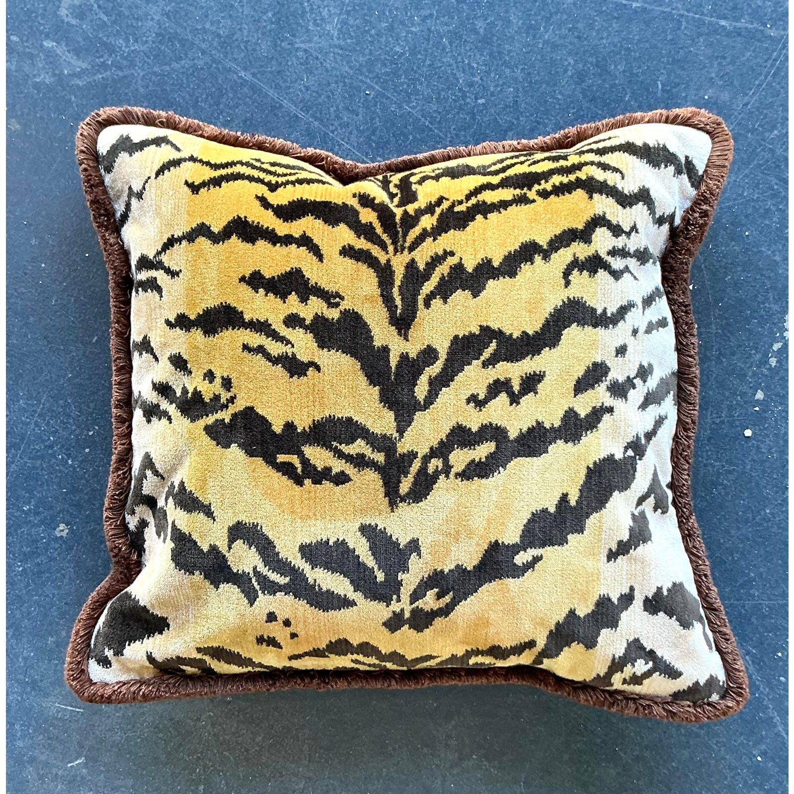 Vintage Regency Scalamandre “Le Tigre” Velvet Throw Pillow With Caterpillar Fringe - Top view
