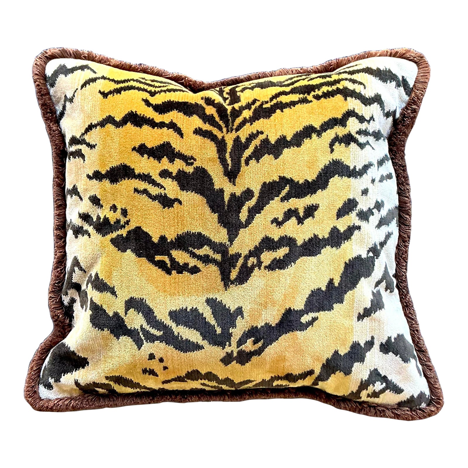 Vintage Regency Scalamandre “Le Tigre” Velvet Throw Pillow With Caterpillar Fringe