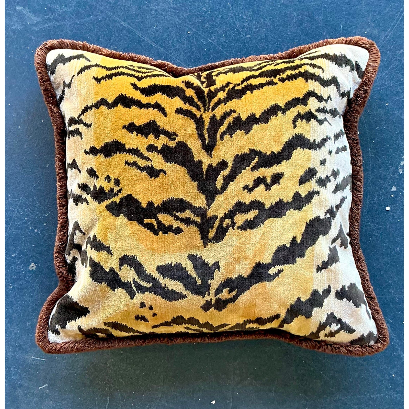 Vintage Regency Scalamandre “Le Tigre” Velvet Throw Pillow With Caterpillar Fringe - Side view