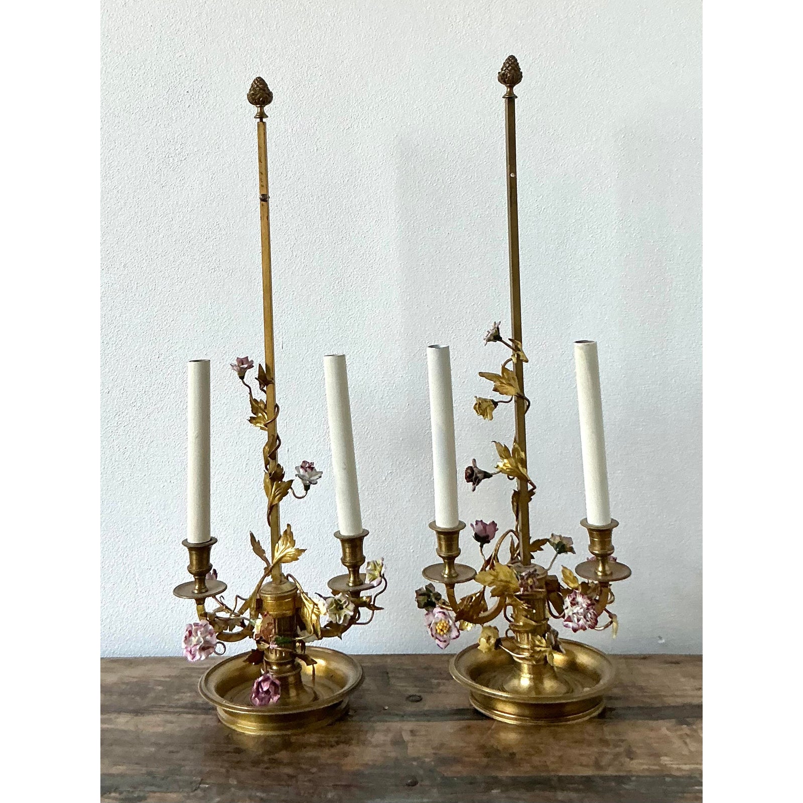 Vintage Regency Porcelain Roses Lamps - a Pair - Back view