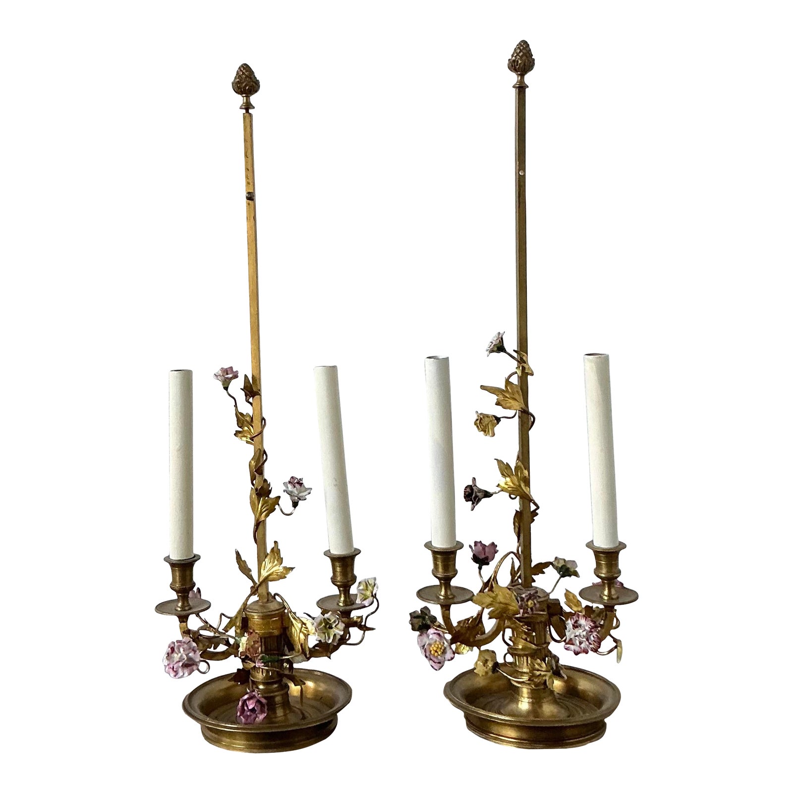 Vintage Regency Porcelain Roses Lamps - a Pair