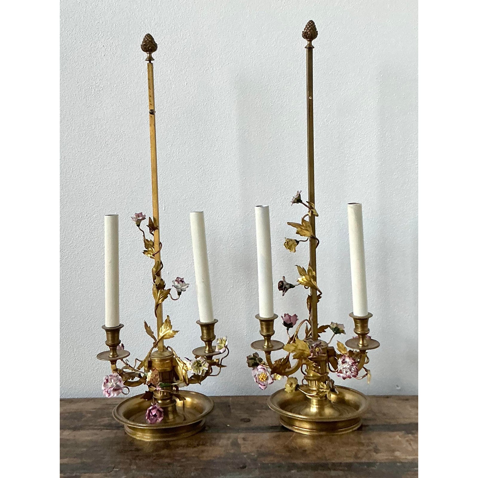 Vintage Regency Porcelain Roses Lamps - a Pair - Side view