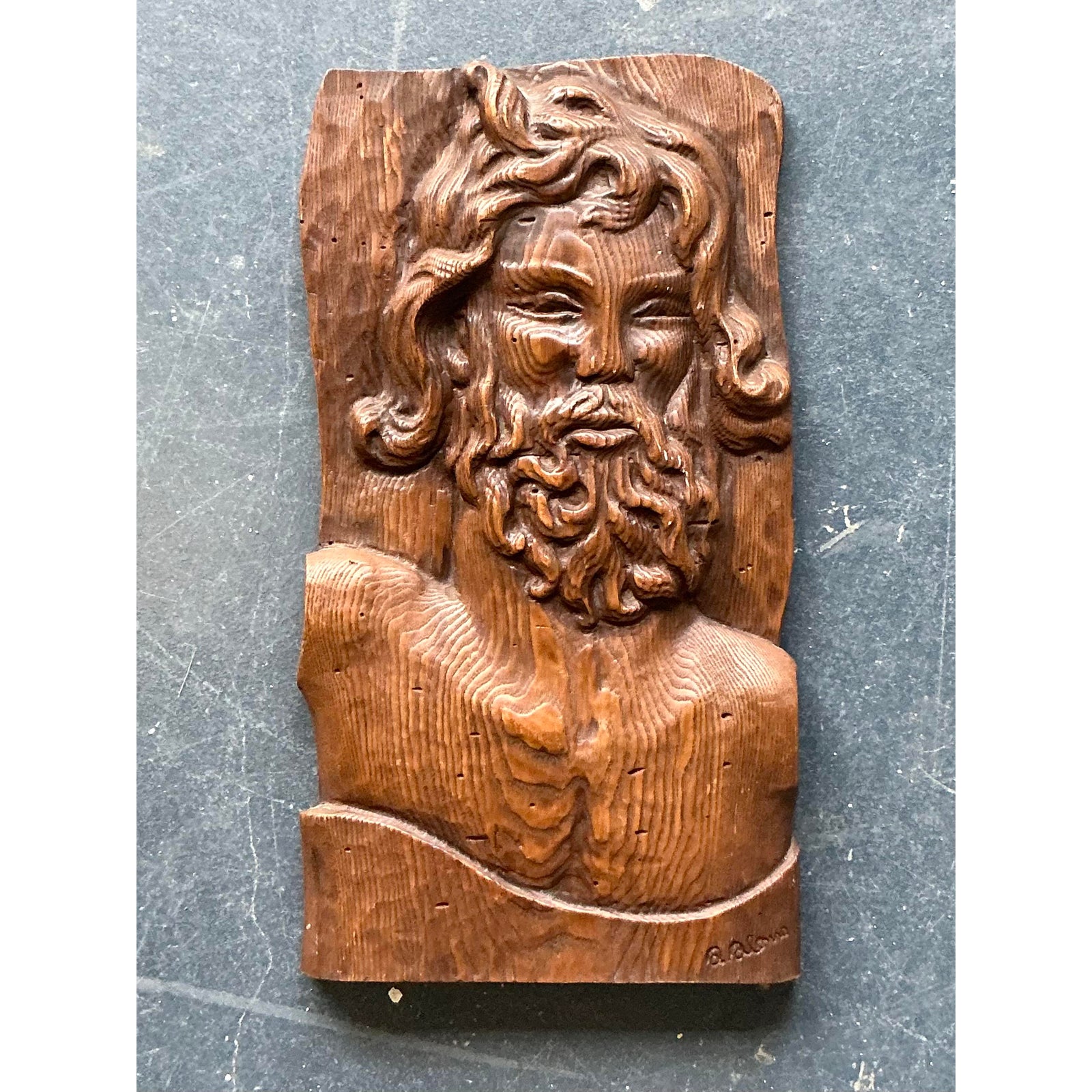 Vintage Boho Carved Wood Panel of Man - Detail view