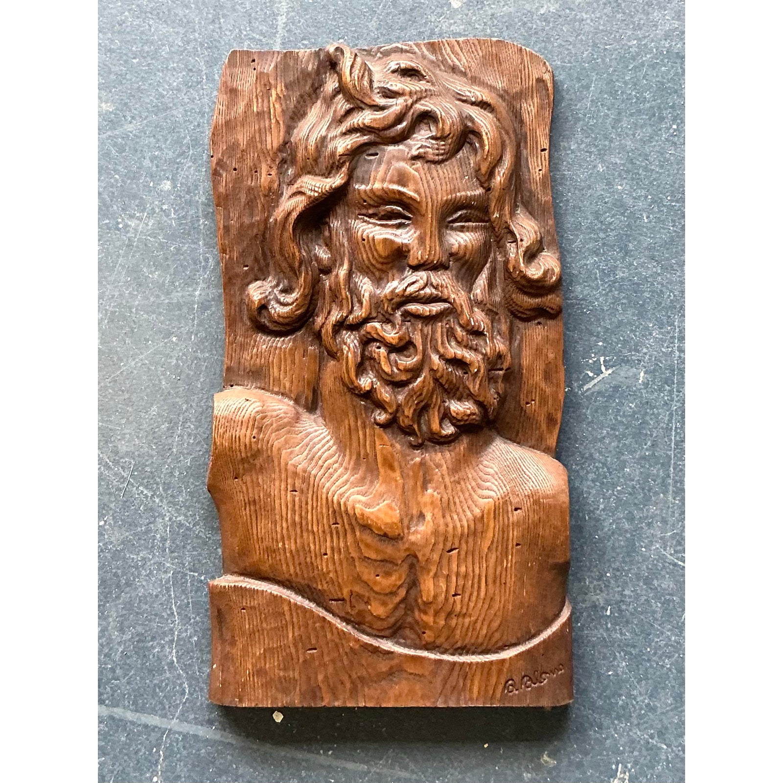 Vintage Boho Carved Wood Panel of Man - Side view