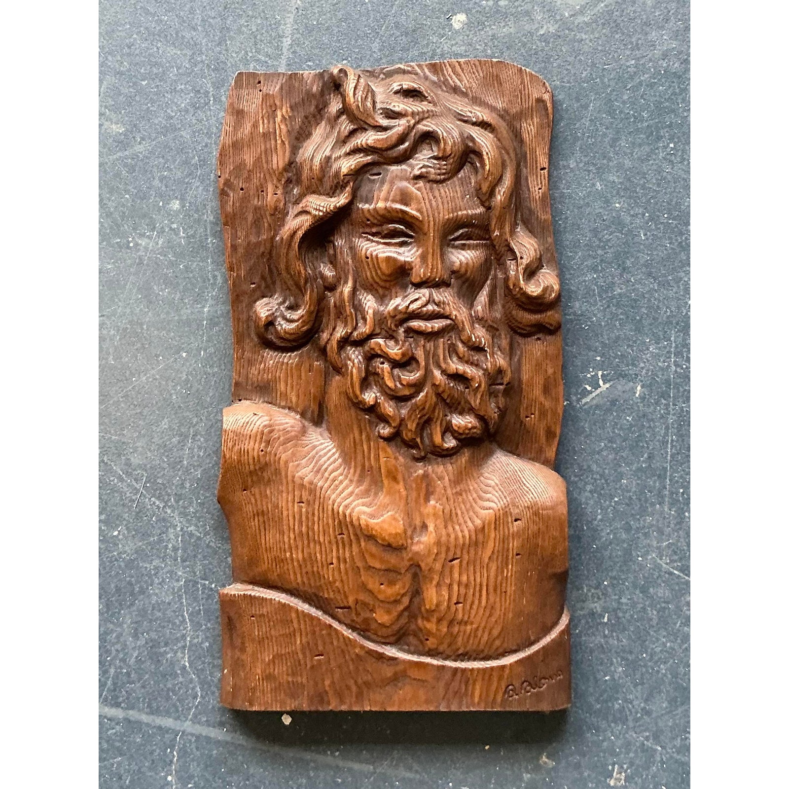Vintage Boho Carved Wood Panel of Man - Back view