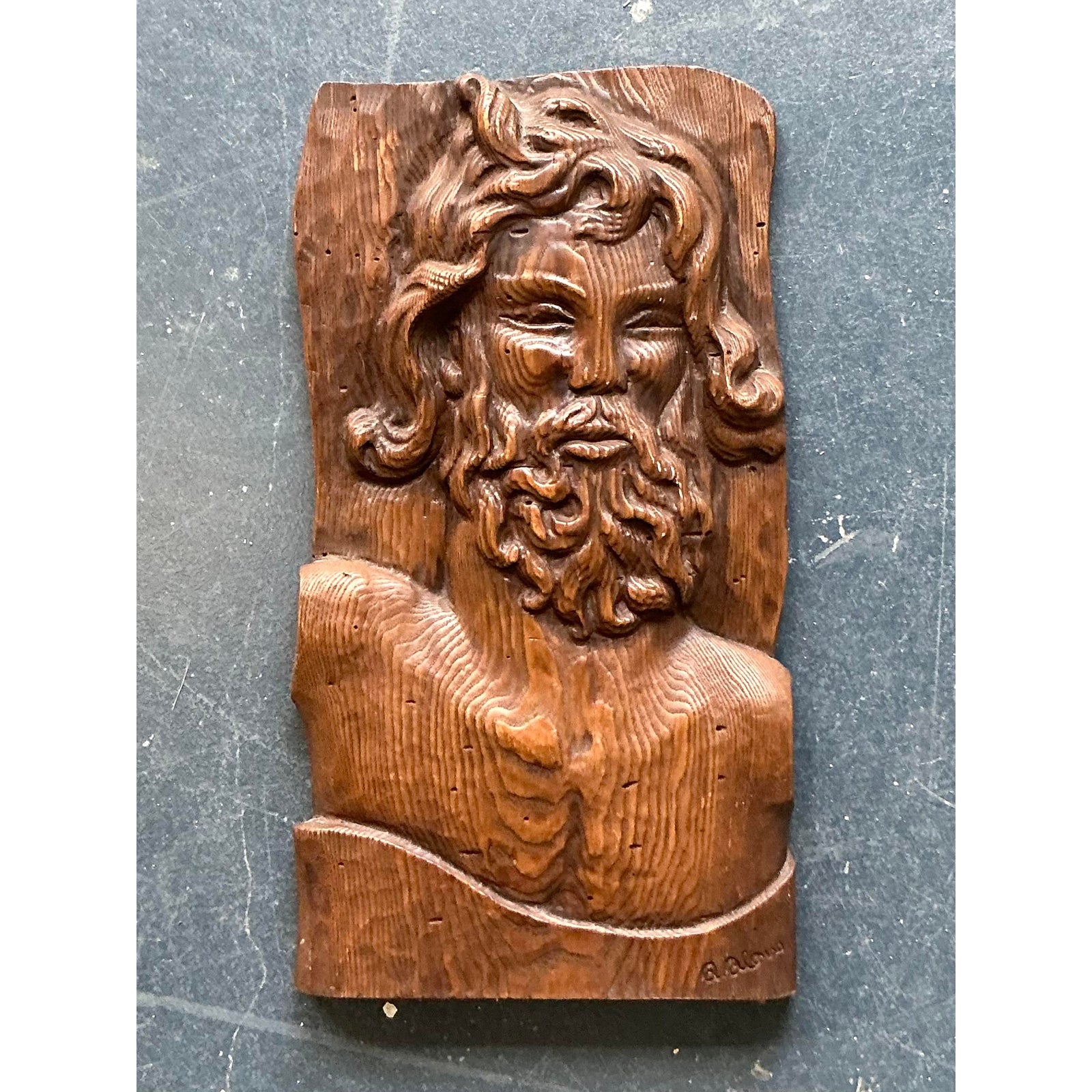 Vintage Boho Carved Wood Panel of Man - Top view
