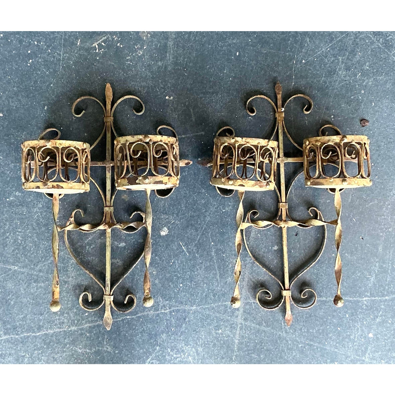 Vintage Boho Distressed Wrought Iron Candle Sconces- A Pair - Detail view