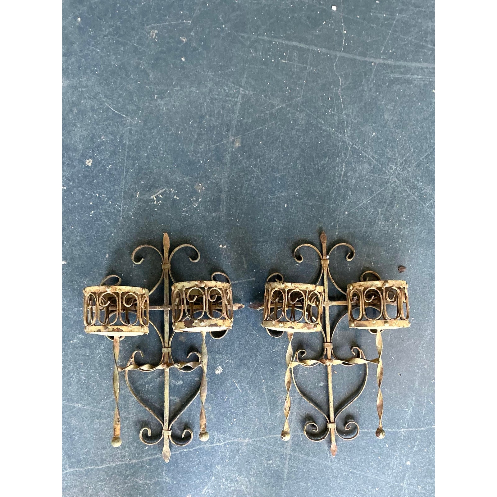 Vintage Boho Distressed Wrought Iron Candle Sconces- A Pair - Top view