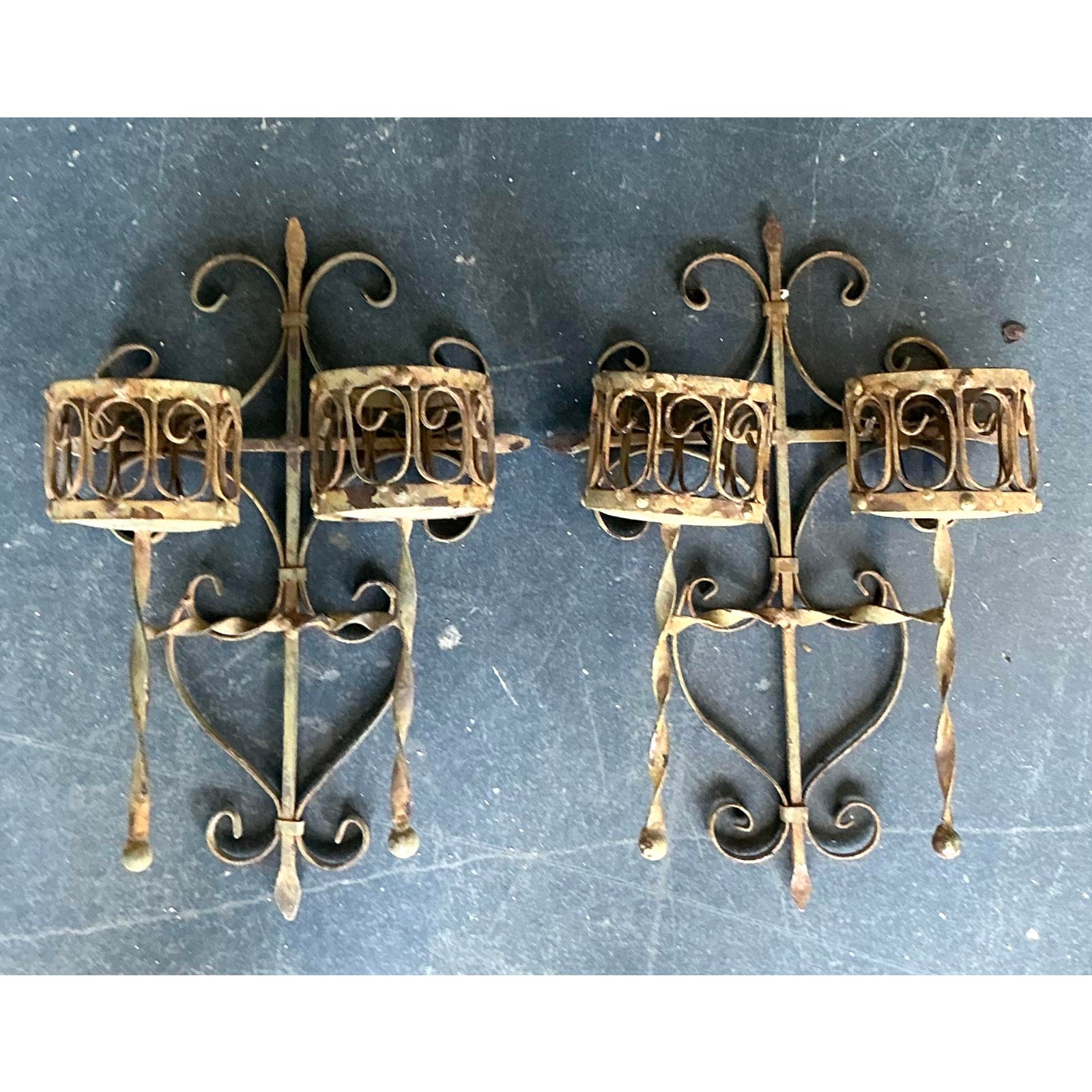 Vintage Boho Distressed Wrought Iron Candle Sconces- A Pair - Back view