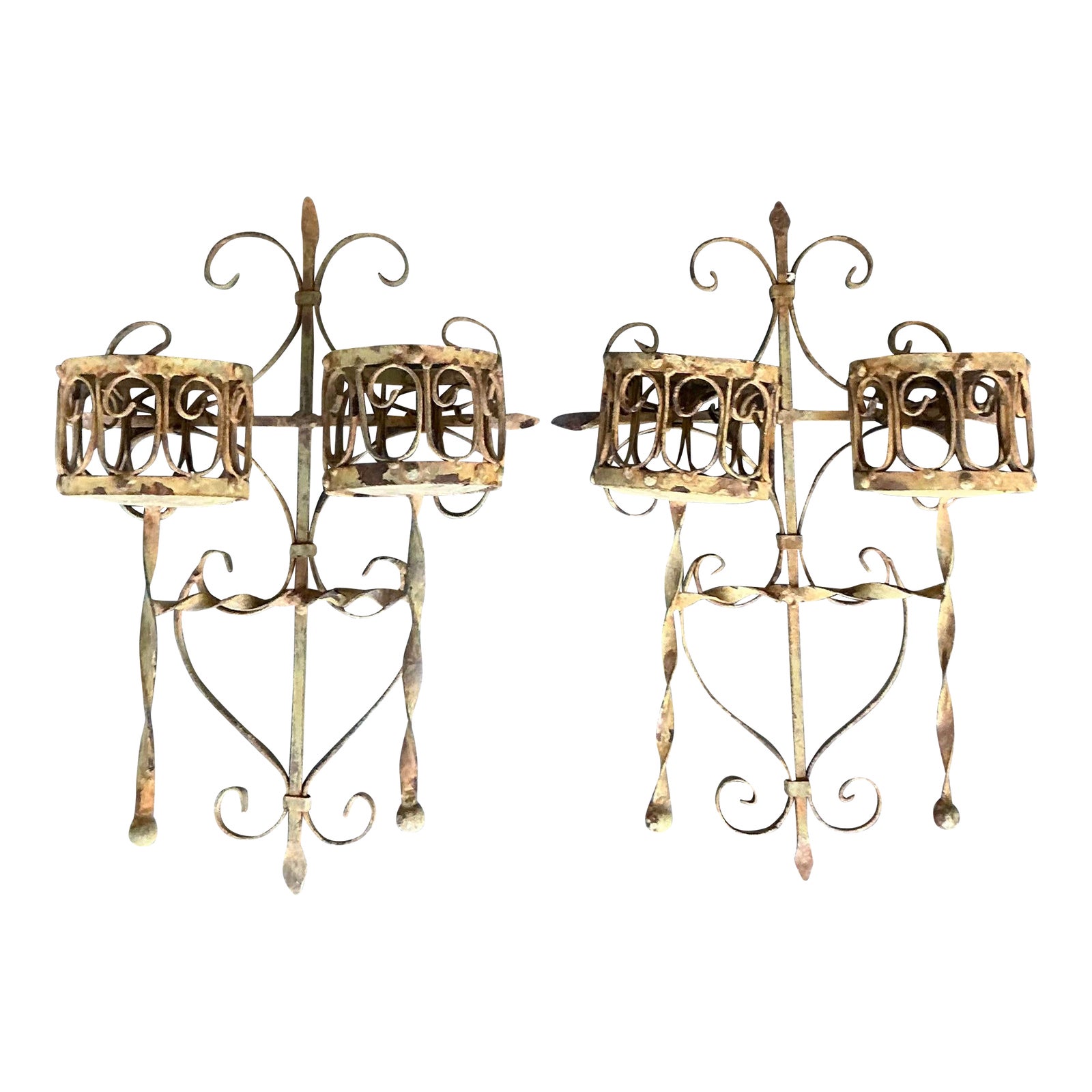 Vintage Boho Distressed Wrought Iron Candle Sconces- A Pair