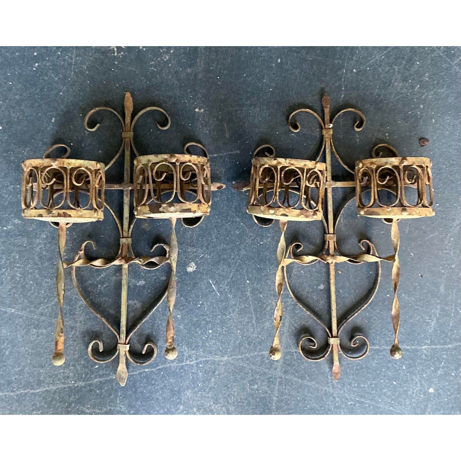 Vintage Boho Distressed Wrought Iron Candle Sconces- A Pair - Side view
