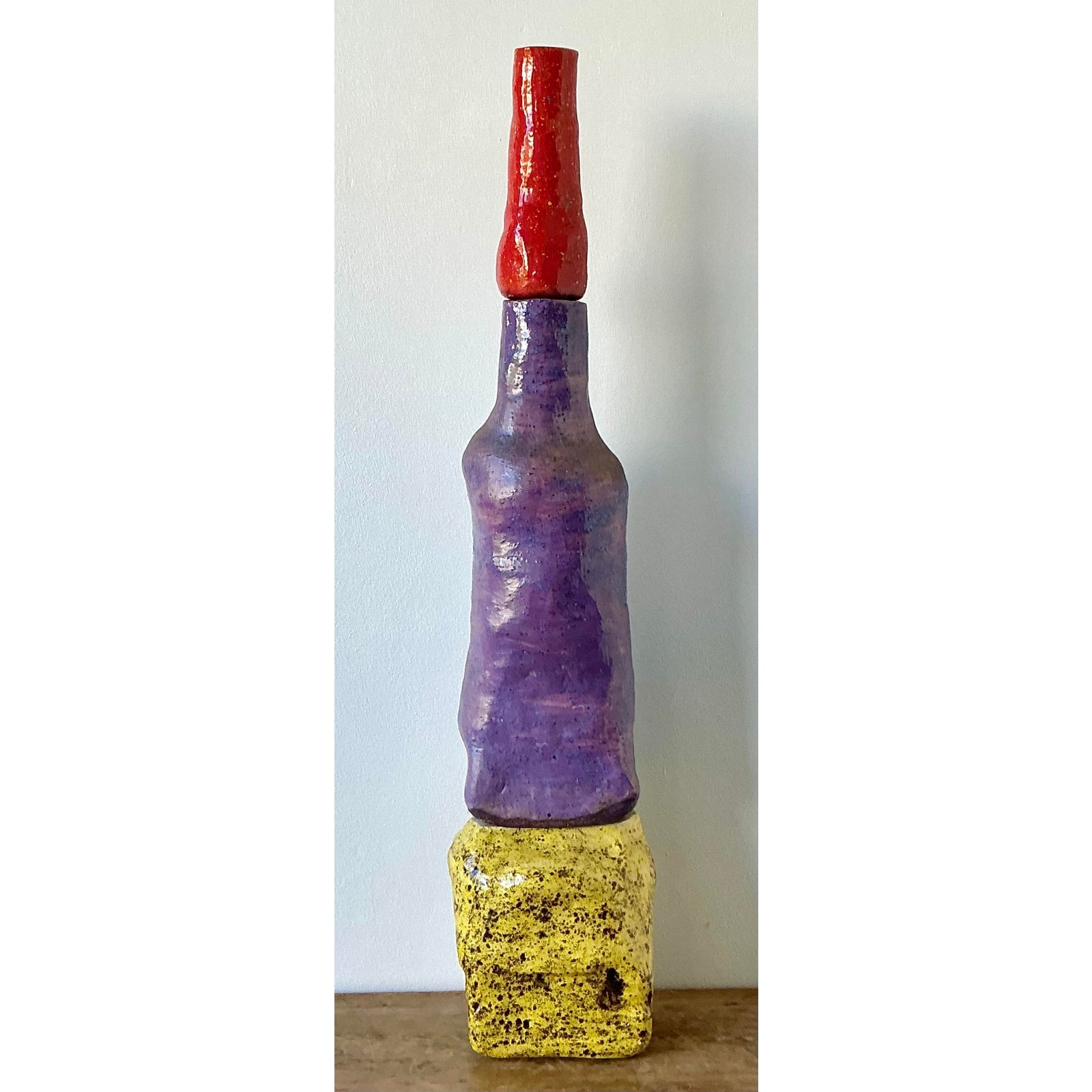 Vintage Boho Original Stacked Glazed Ceramic Totem Sculpture - Detail view