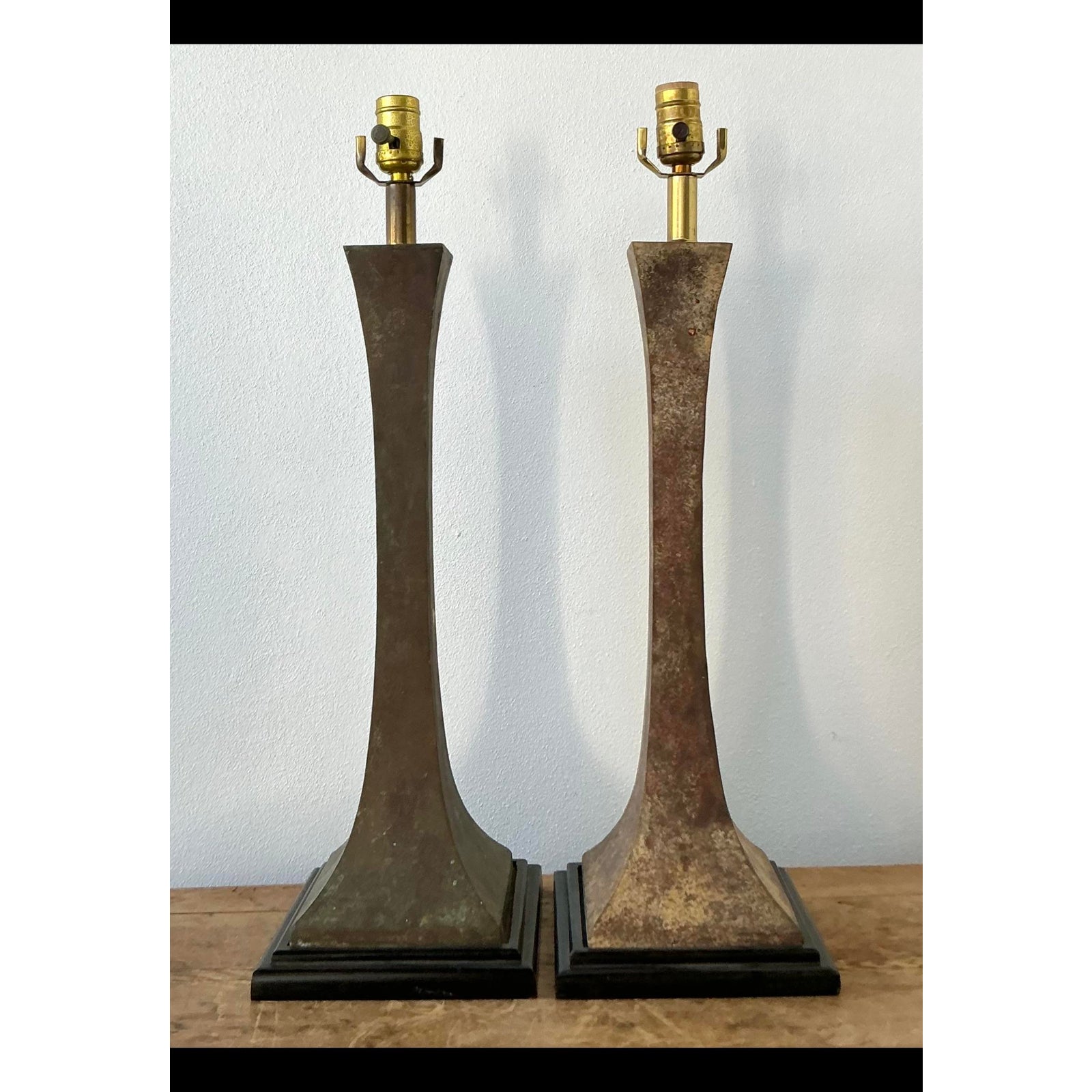 Vintage Boho Stewart Ross James Verdigris Bronze Lamps - A Pair - Top view