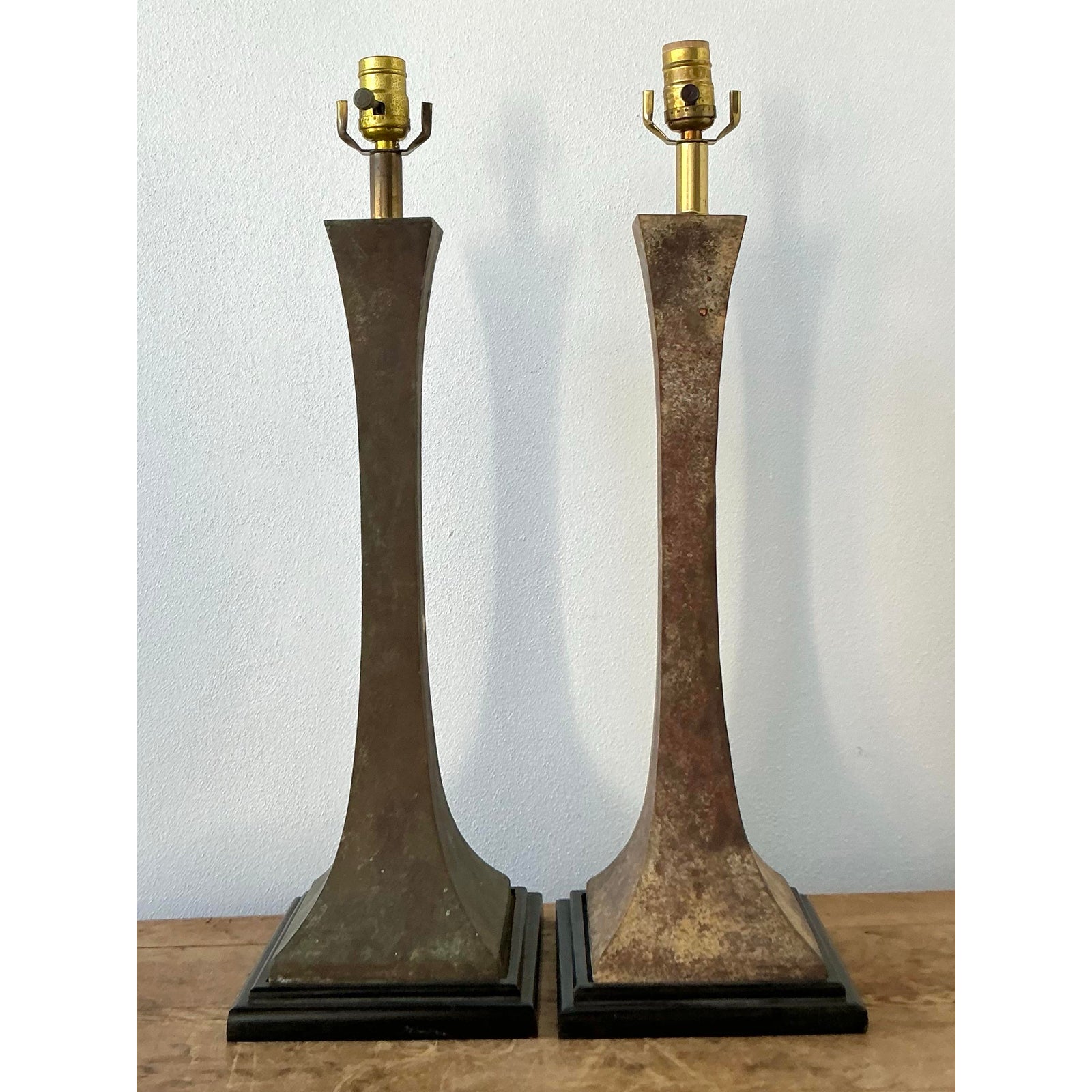 Vintage Boho Stewart Ross James Verdigris Bronze Lamps - A Pair - Detail view