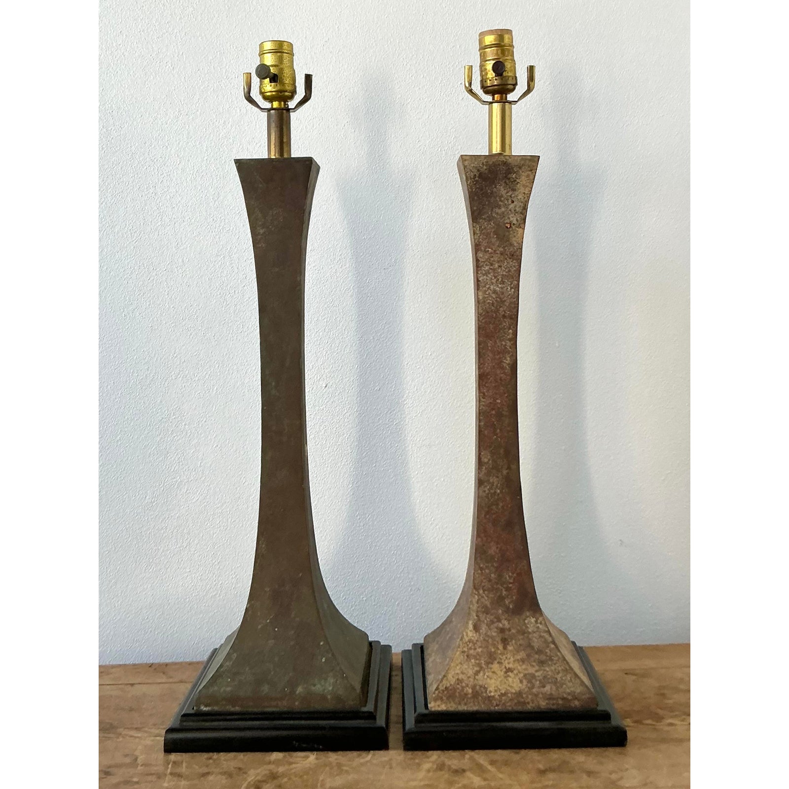 Vintage Boho Stewart Ross James Verdigris Bronze Lamps - A Pair - Back view