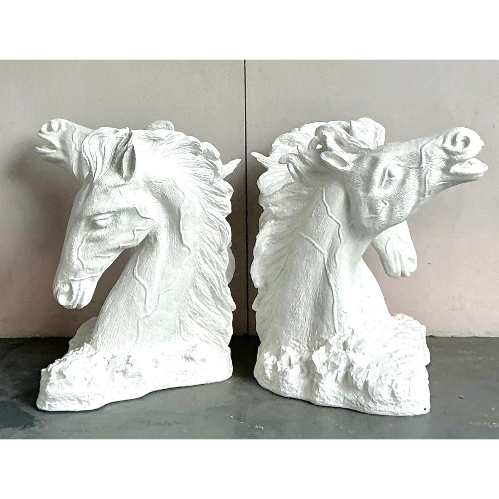 Vintage Boho Plaster Over Fiberglass Horse Dining Table Pedestals - A Pair - Side view