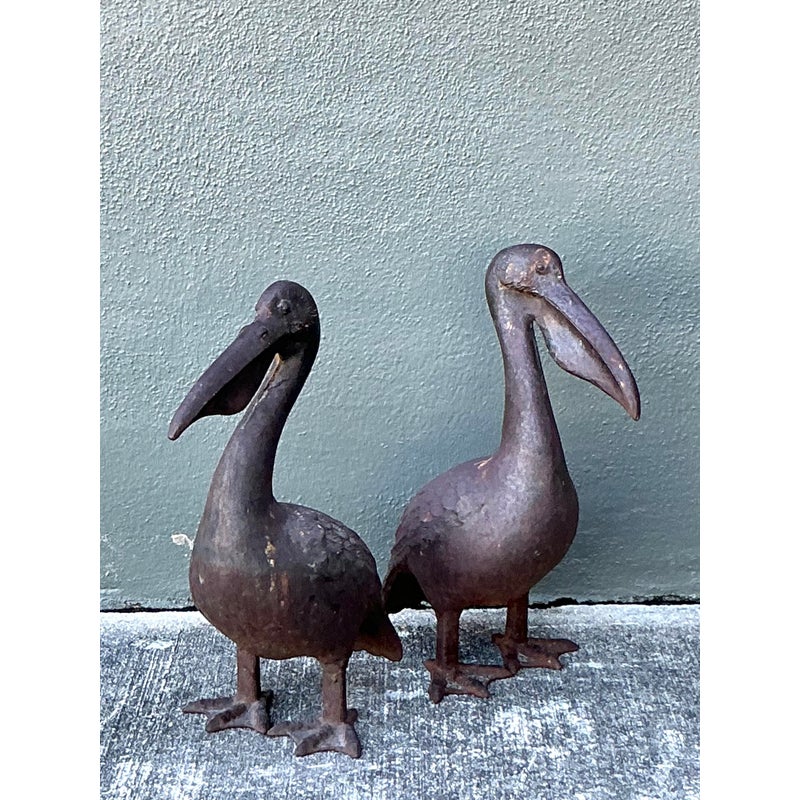 Vintage Boho Patinated Wrought Iron Pelicans - Set of 2 - Detail view