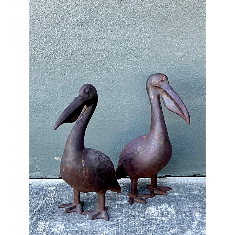Vintage Boho Patinated Wrought Iron Pelicans - Set of 2 - Side view
