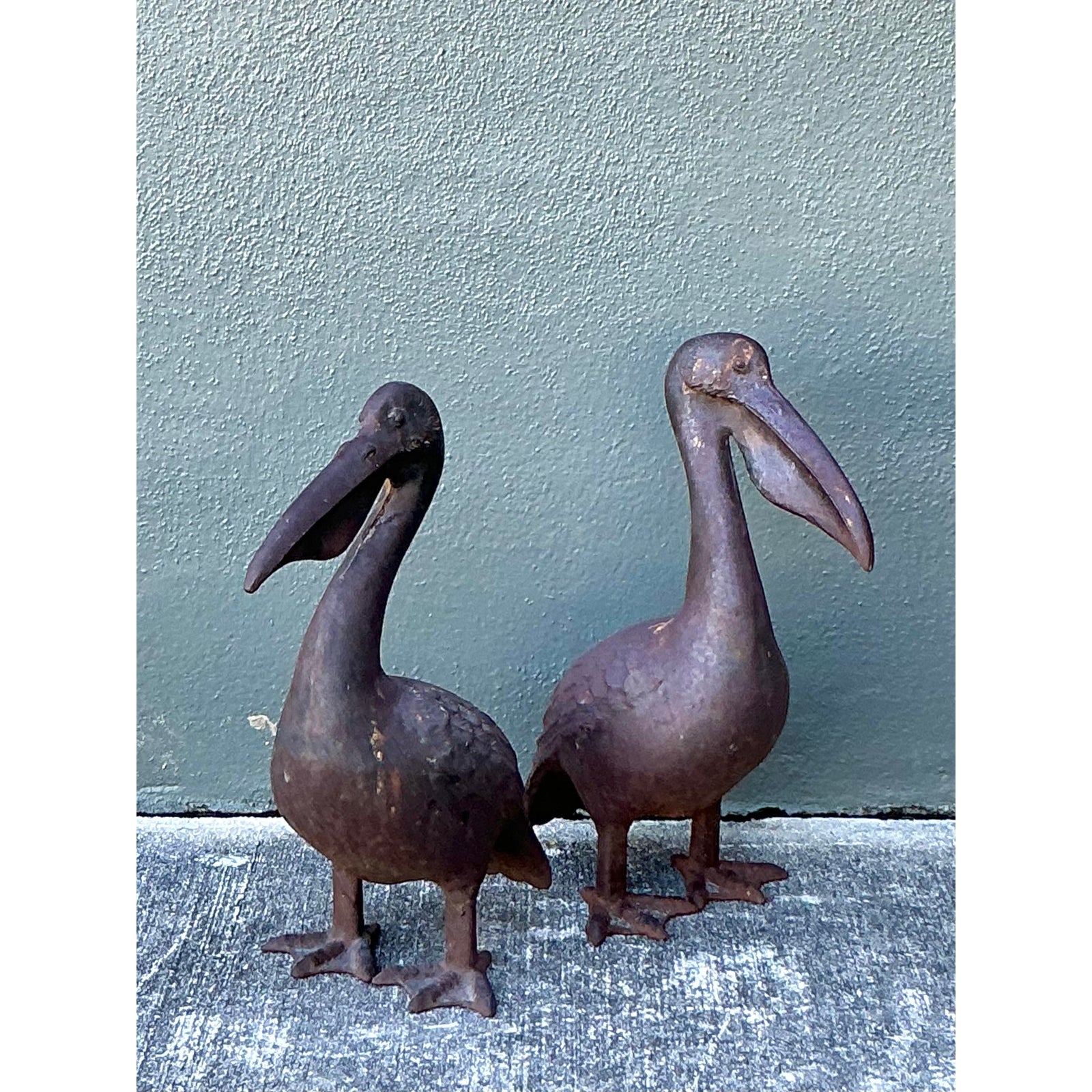 Vintage Boho Patinated Wrought Iron Pelicans - Set of 2 - Back view