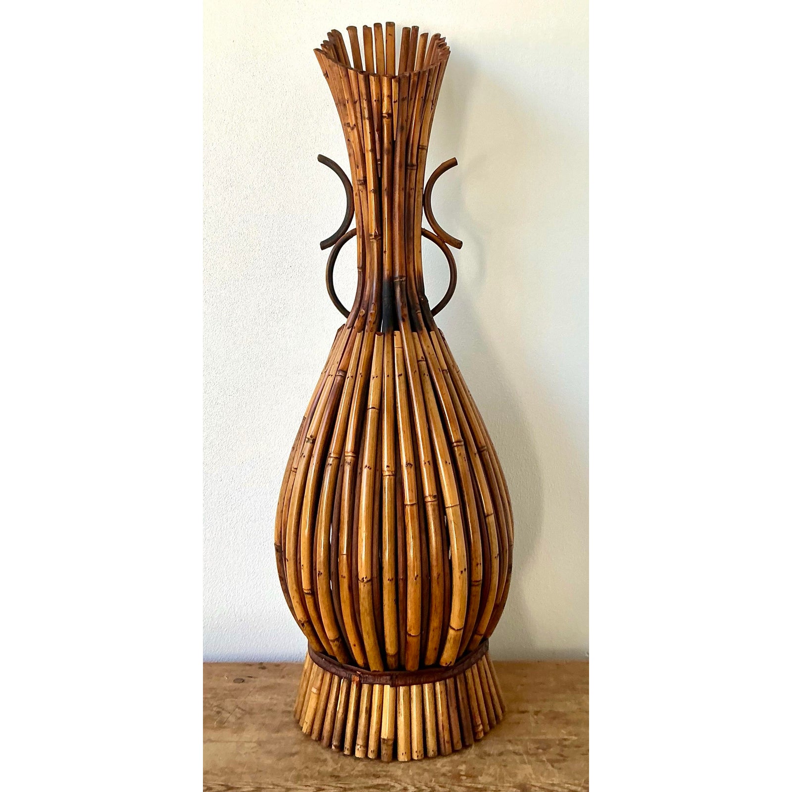 Vintage Boho Bent Bamboo Floor Vase - Detail view