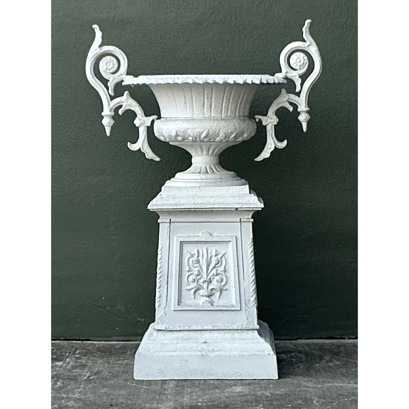 Vintage Regency Painted Wrought Iron Urn on Pedestal - Top view