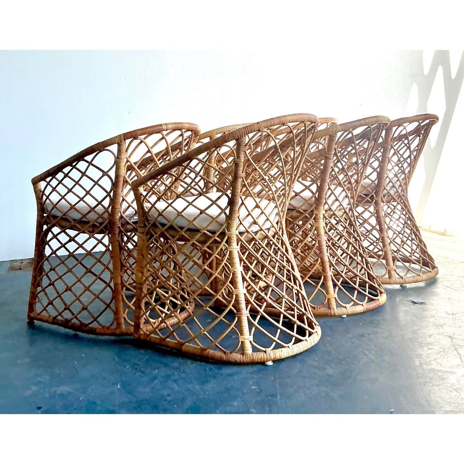 Vintage Boho Trellis Rattan Dining Chairs - Set of 6 - Top view