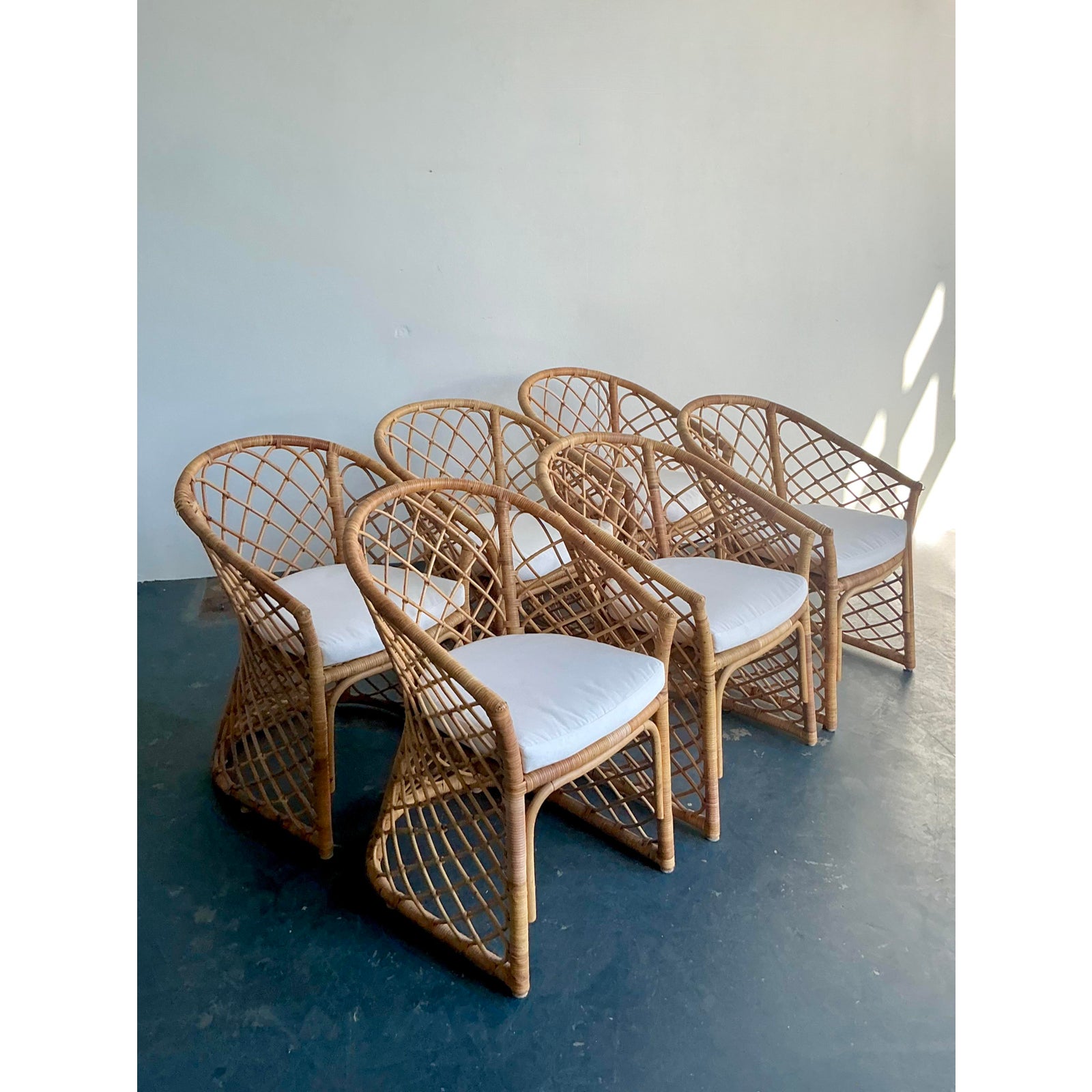 Vintage Boho Trellis Rattan Dining Chairs - Set of 6 - Side view