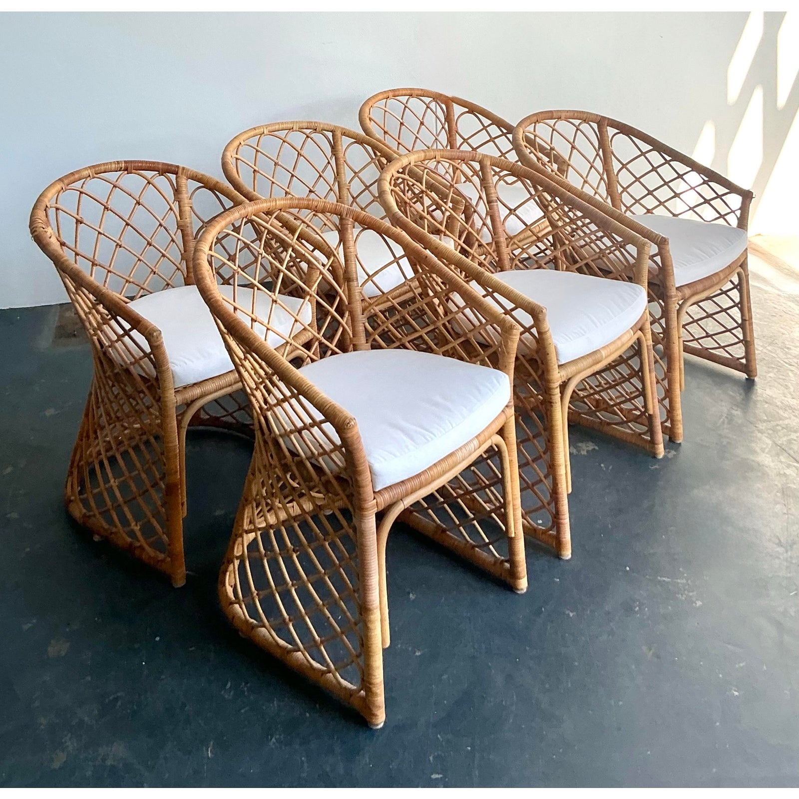 Vintage Boho Trellis Rattan Dining Chairs - Set of 6 - Detail view