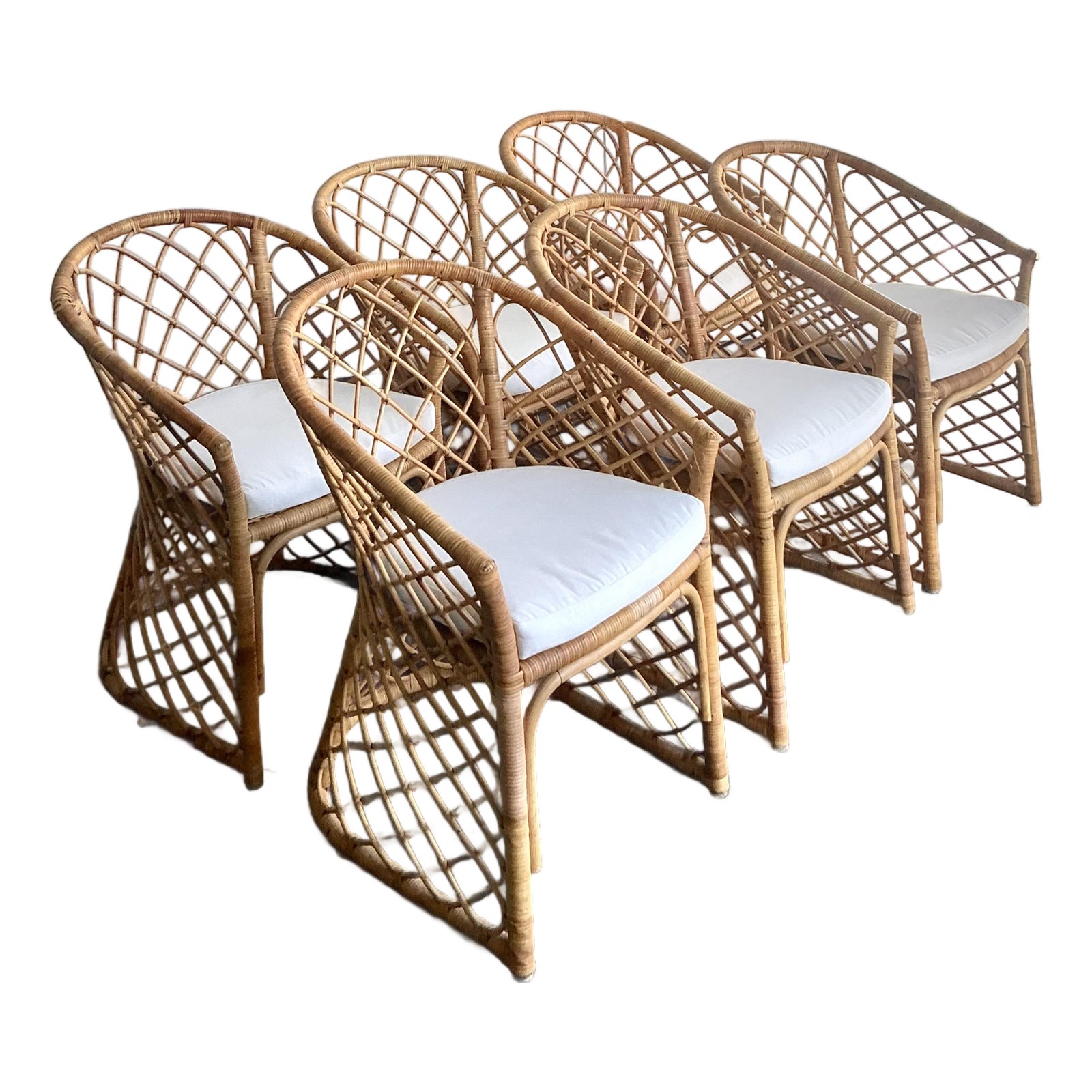 Vintage Boho Trellis Rattan Dining Chairs - Set of 6