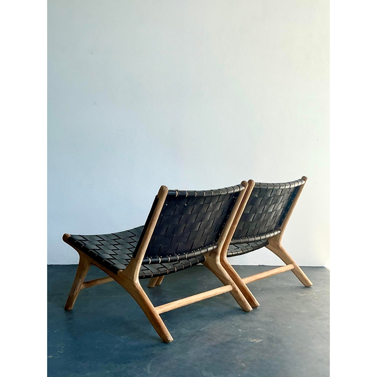 Vintage Boho Woven Leather Lounge Chairs - A Pair - Top view