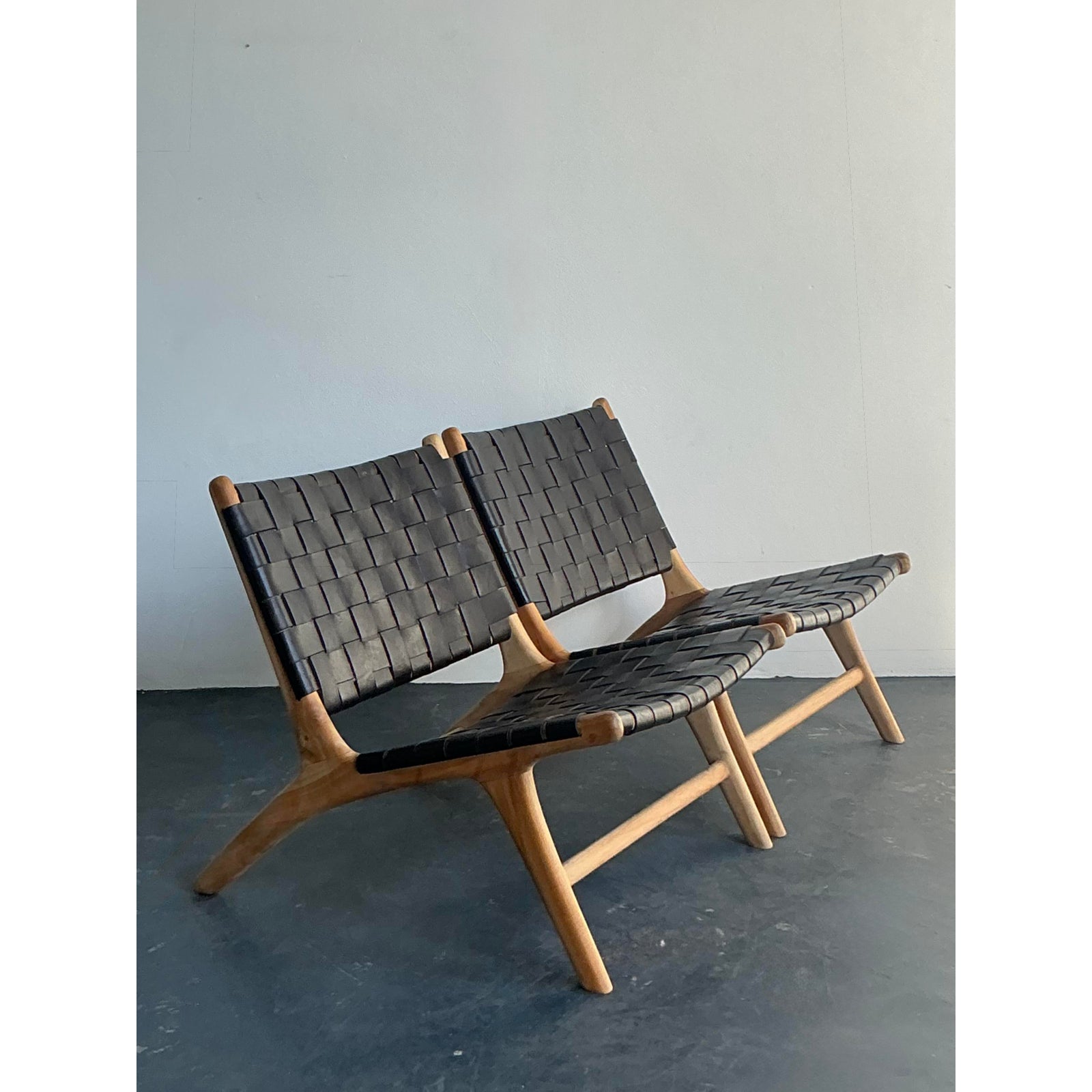 Vintage Boho Woven Leather Lounge Chairs - A Pair - Detail view