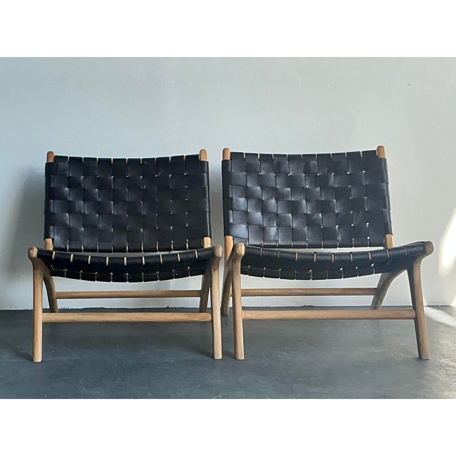 Vintage Boho Woven Leather Lounge Chairs - A Pair - Back view