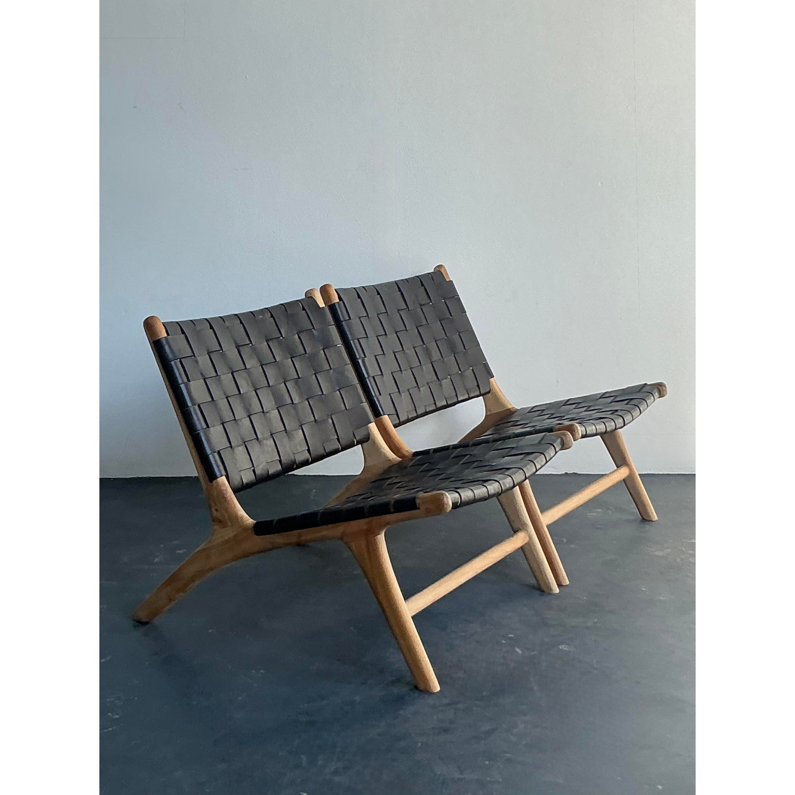 Vintage Boho Woven Leather Lounge Chairs - A Pair - Side view