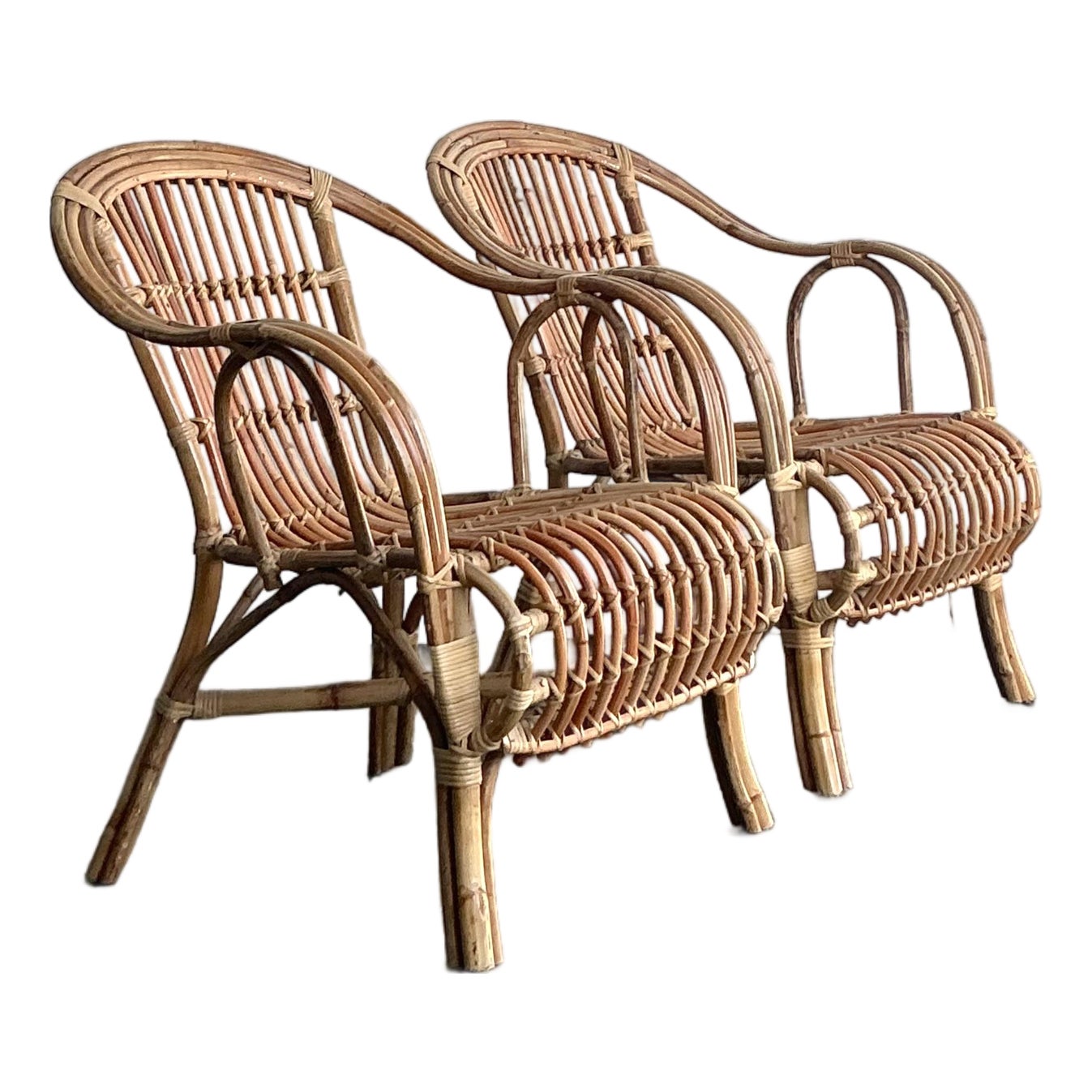 Vintage Boho Bent Rattan Lounge Chairs - A Pair