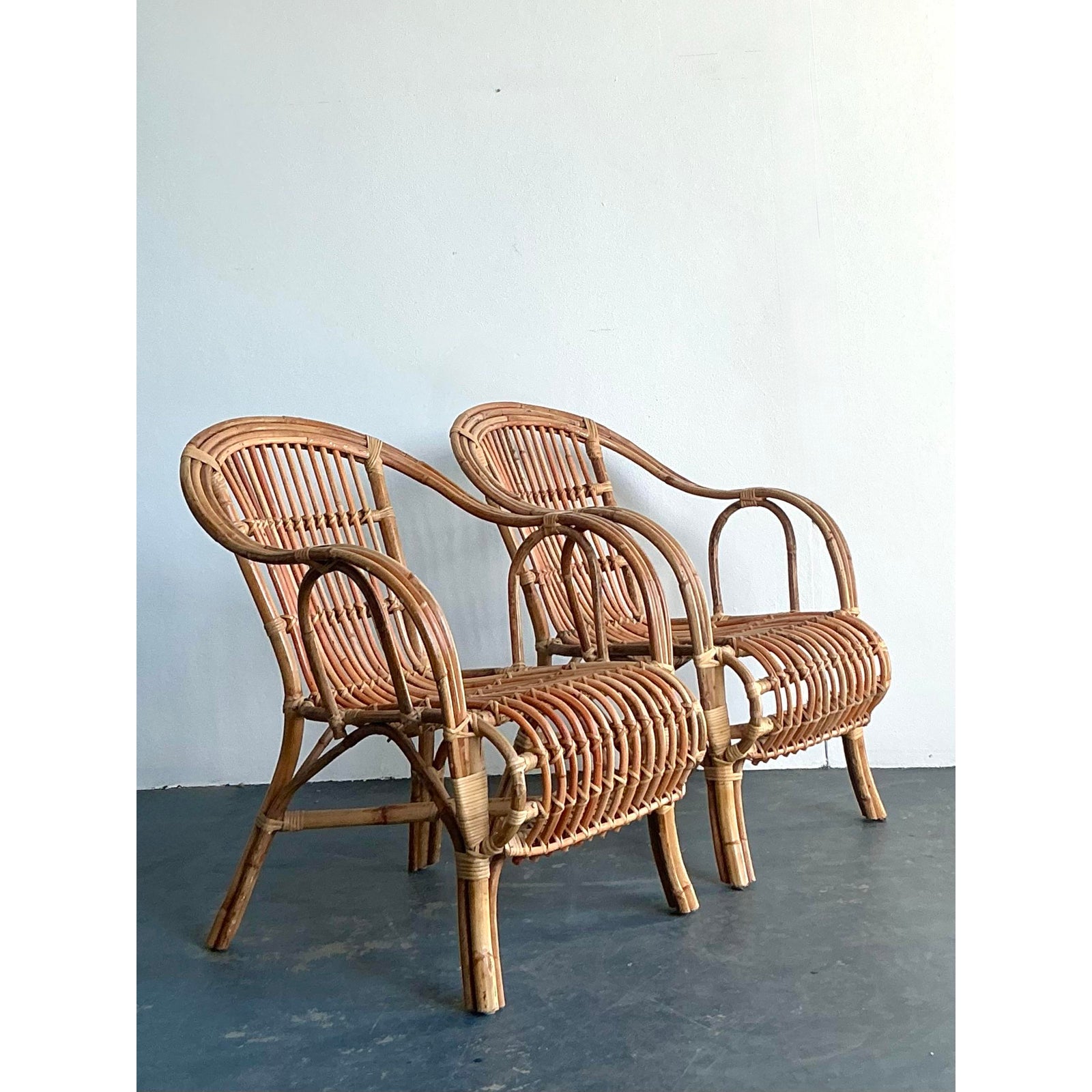 Vintage Boho Bent Rattan Lounge Chairs - A Pair - Side view