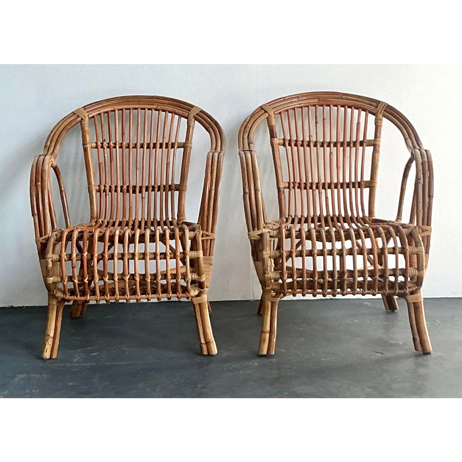 Vintage Boho Bent Rattan Lounge Chairs - A Pair - Back view