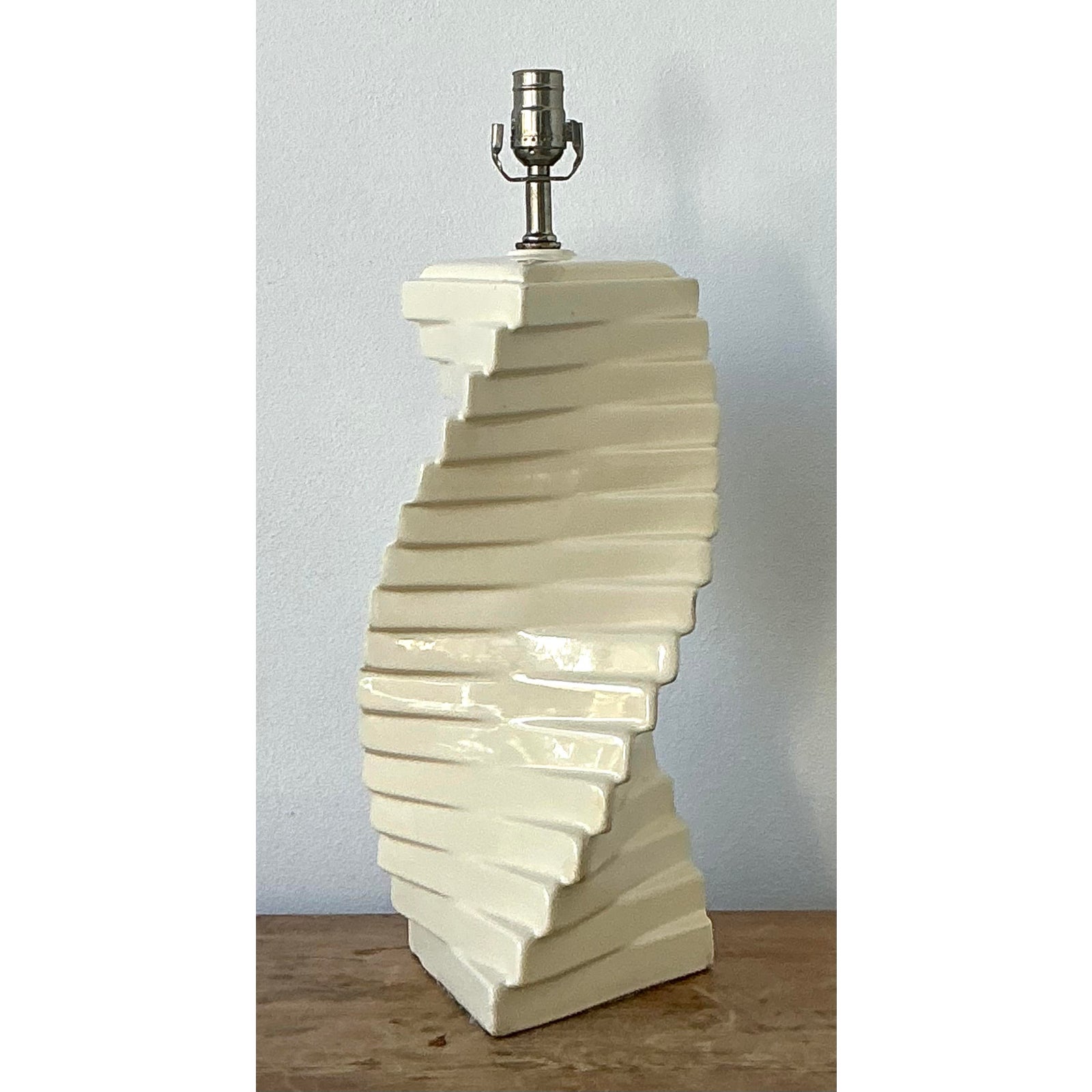 Vintage Boho Glazed Ceramic Twist Lamp - Back view