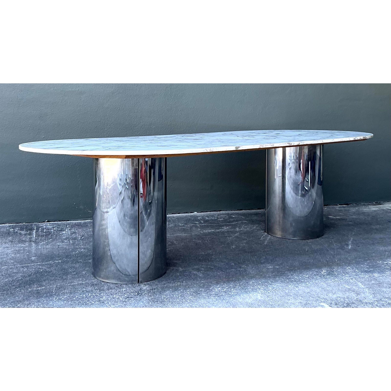 Vintage Boho Brueton Double Cylinder Marble Dining Table - Top view
