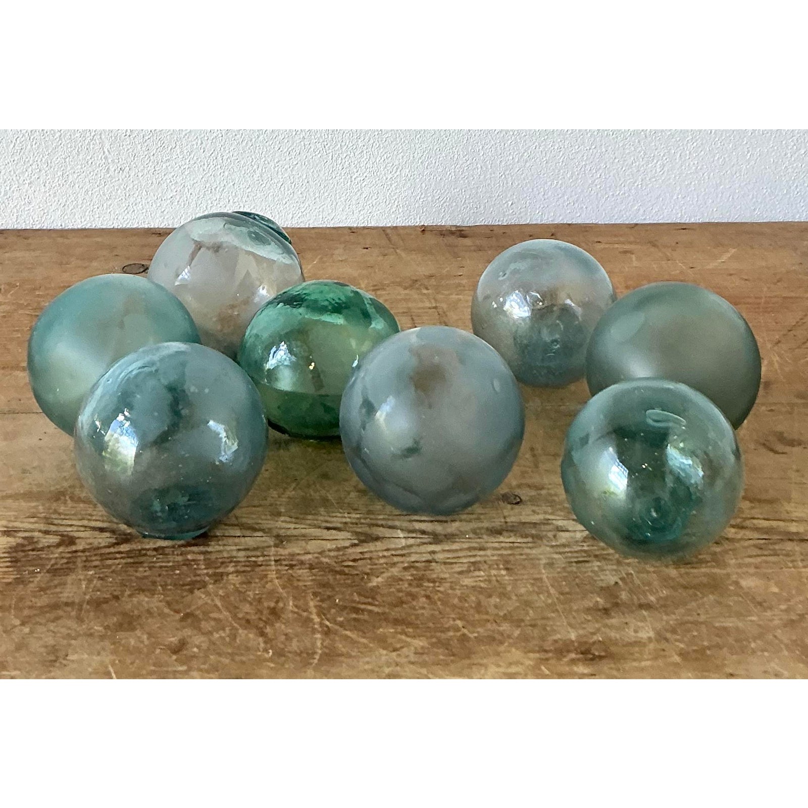 Vintage Boho Green Glass Spheres - Set of 8 - Top view
