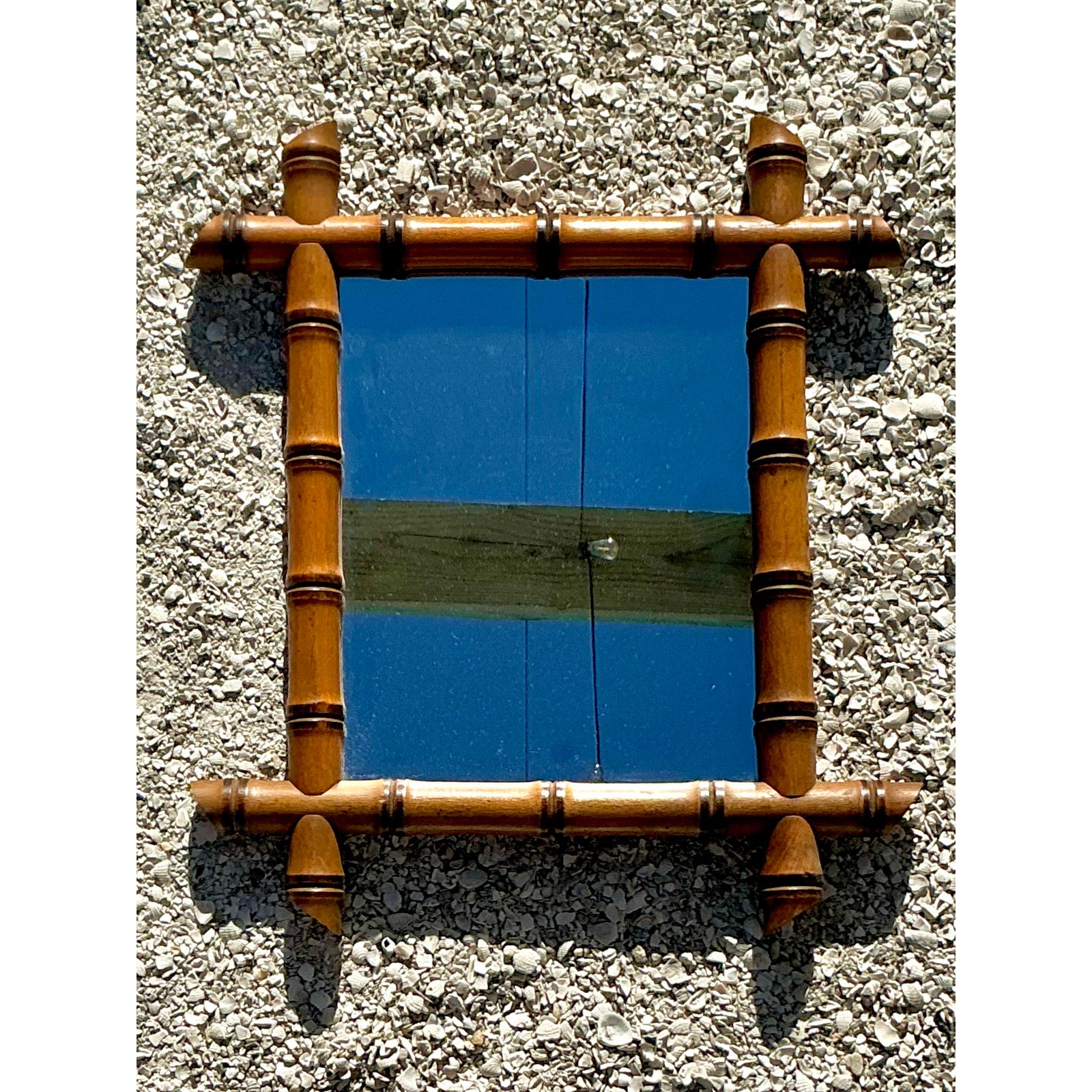Vintage Boho Carved Bamboo Mirror - Back view