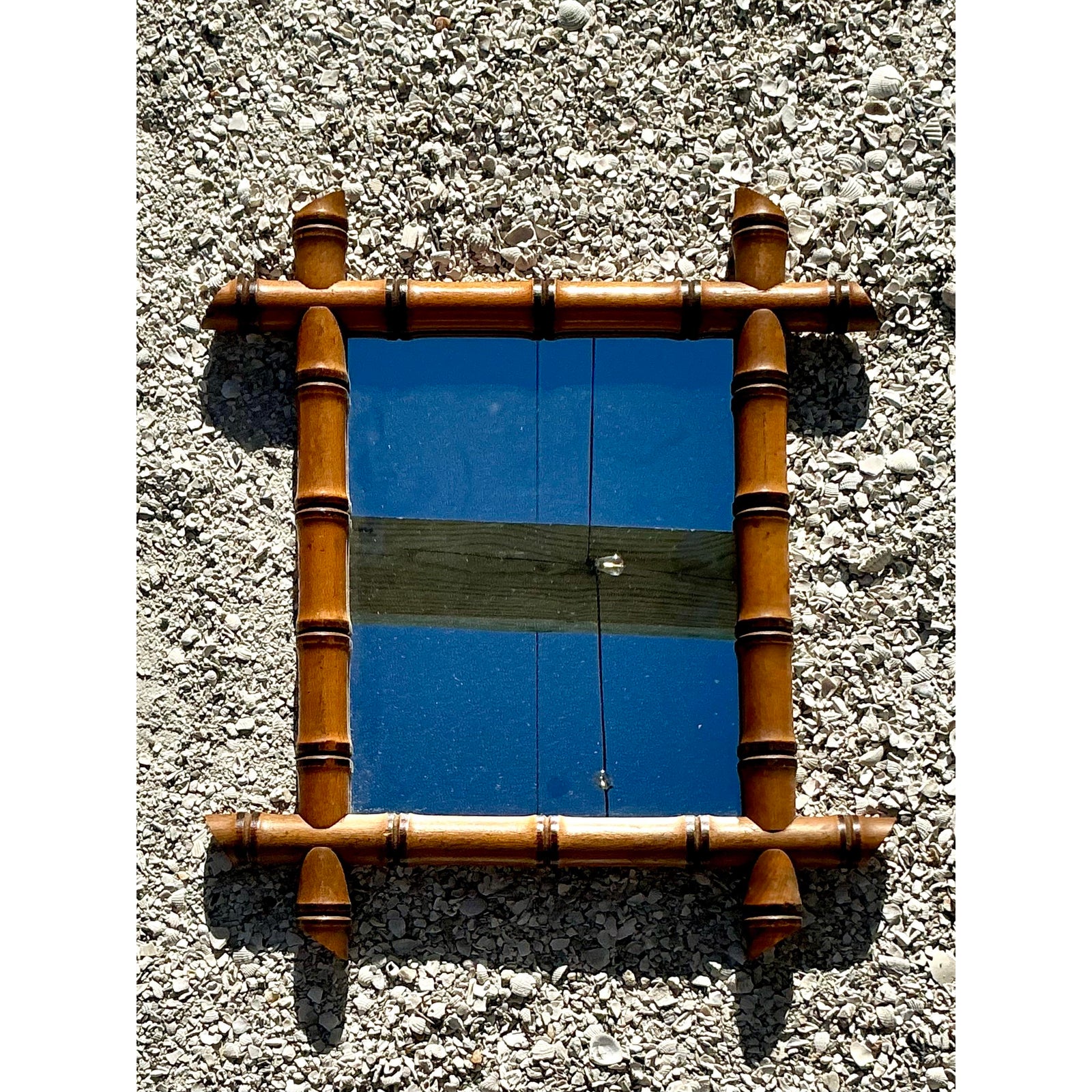Vintage Boho Carved Bamboo Mirror - Top view