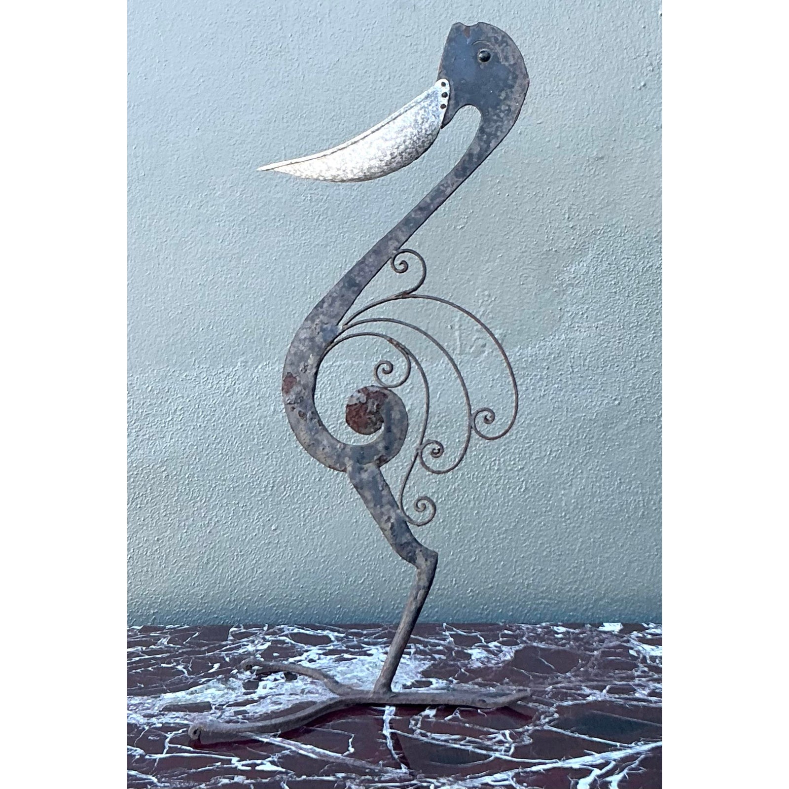 Vintage Boho Wrought Iron Pelican Sculpture - Side view