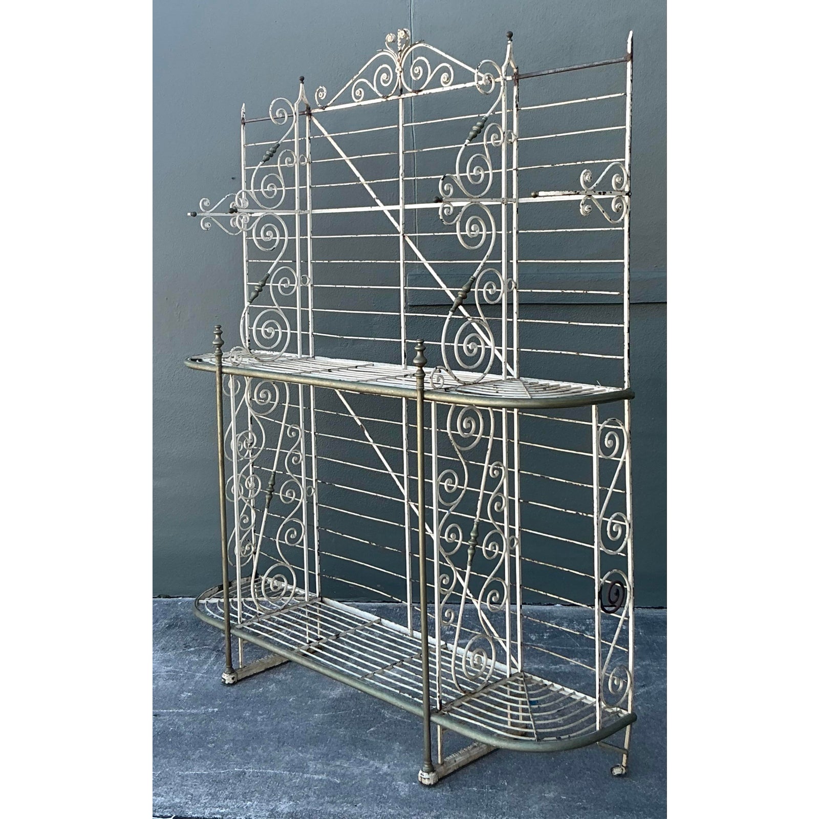 Vintage Boho French Wrought Iron and Brass Bakers Rack - Detail view
