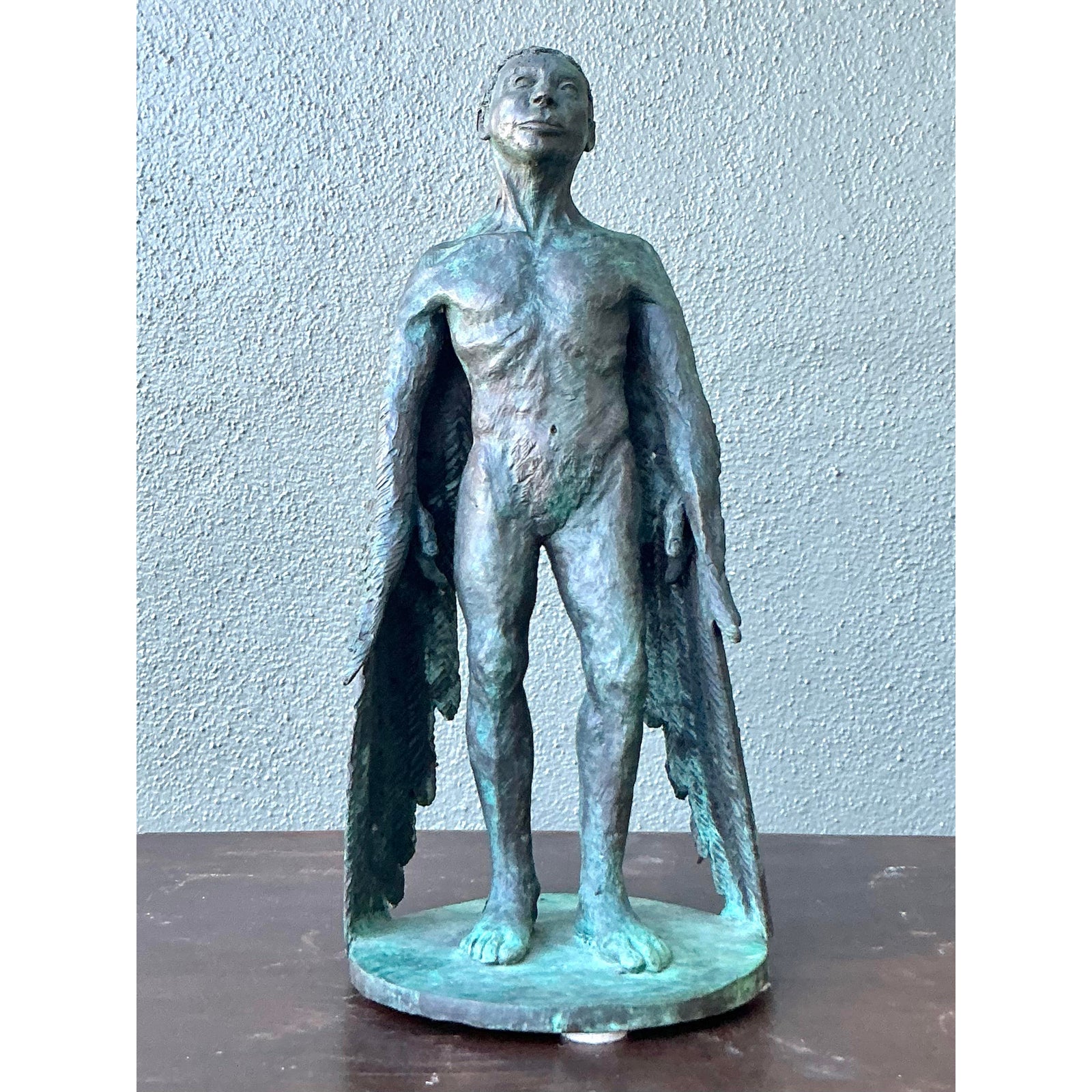 Vintage Boho Bronze Sculpture of Winged Man - Detail view