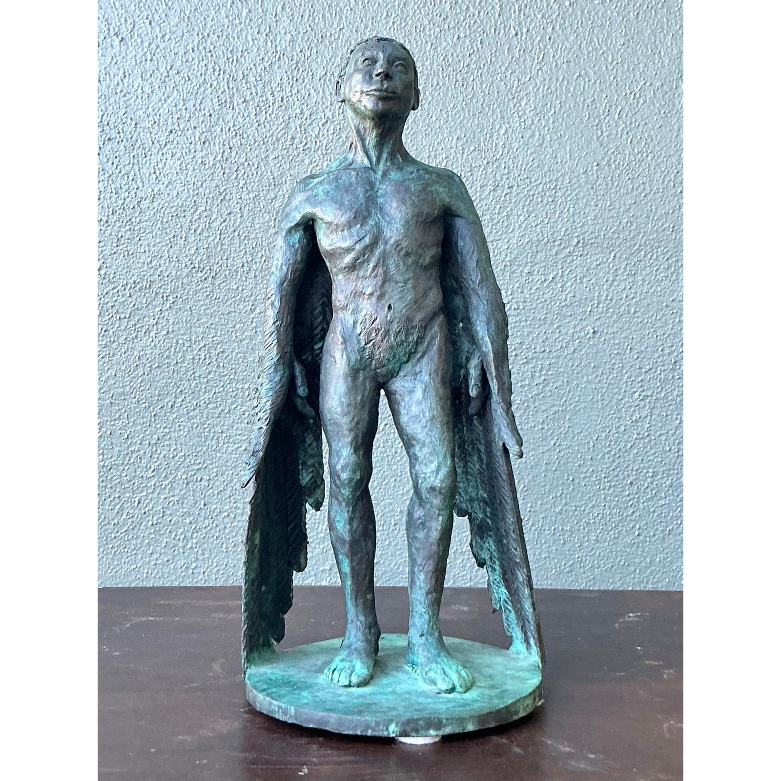 Vintage Boho Bronze Sculpture of Winged Man - Side view