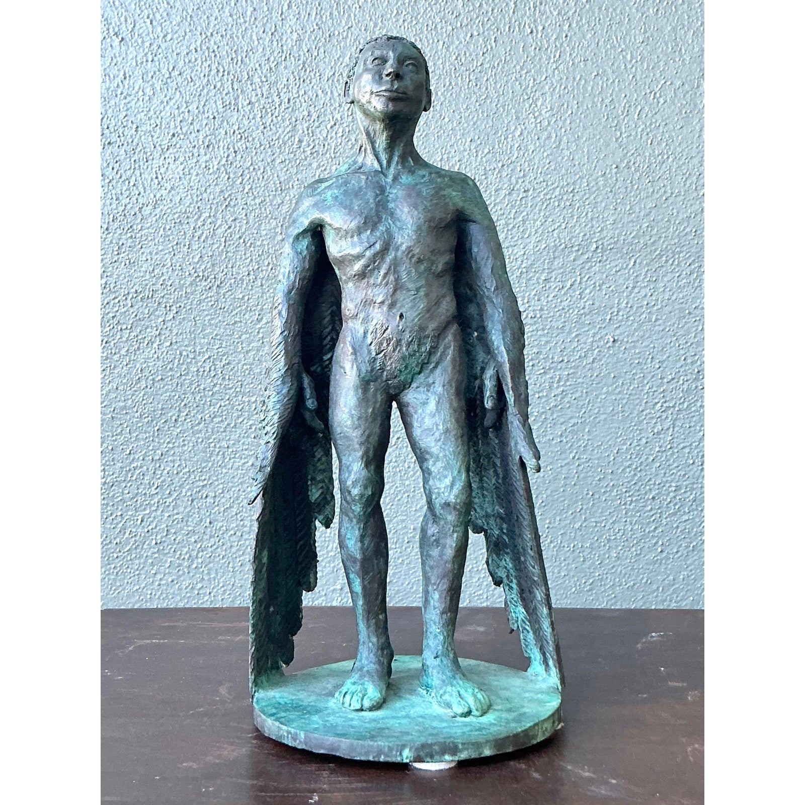 Vintage Boho Bronze Sculpture of Winged Man - Back view