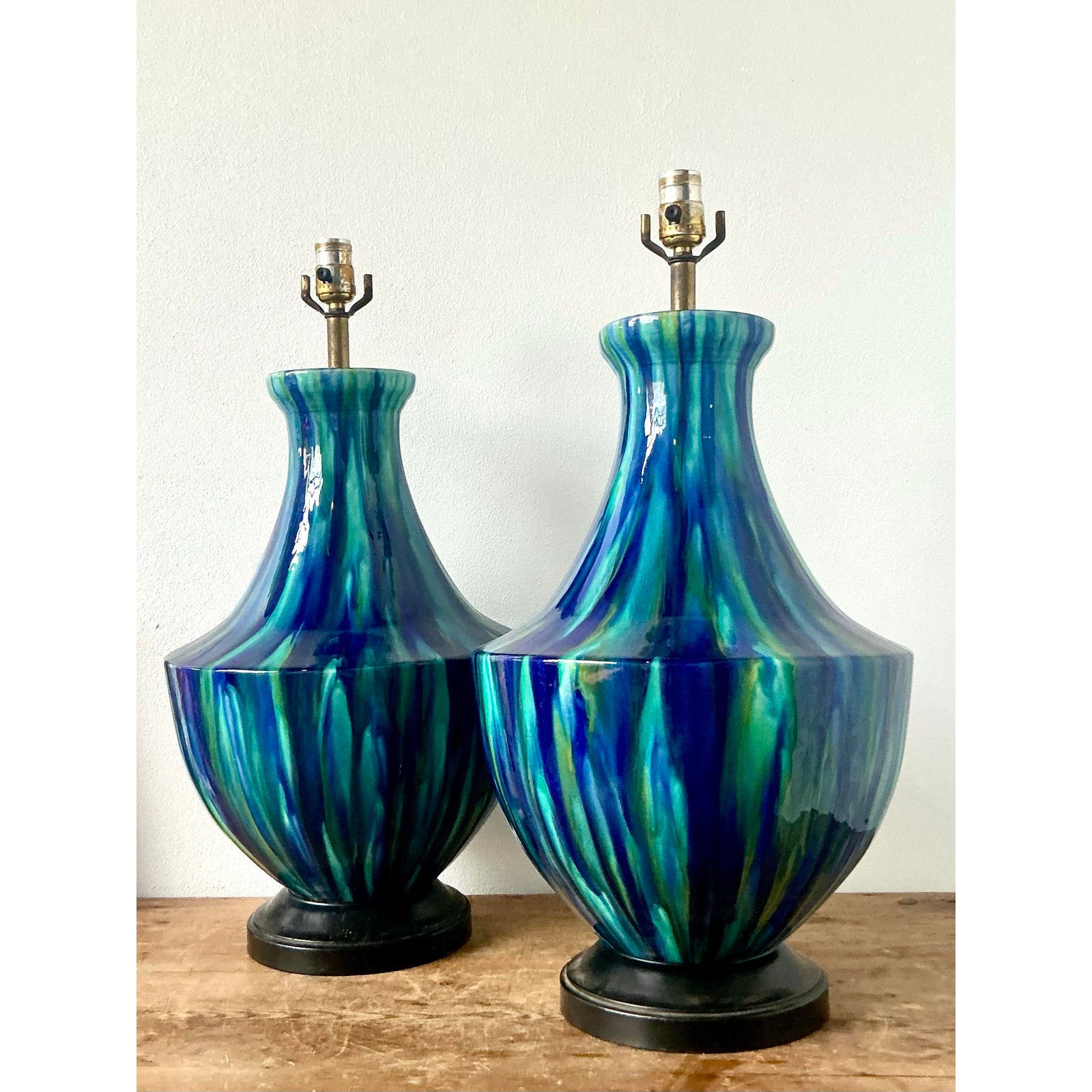 Vintage MCM Drip Glazed Ceramic Lamps - A Pair - Back view